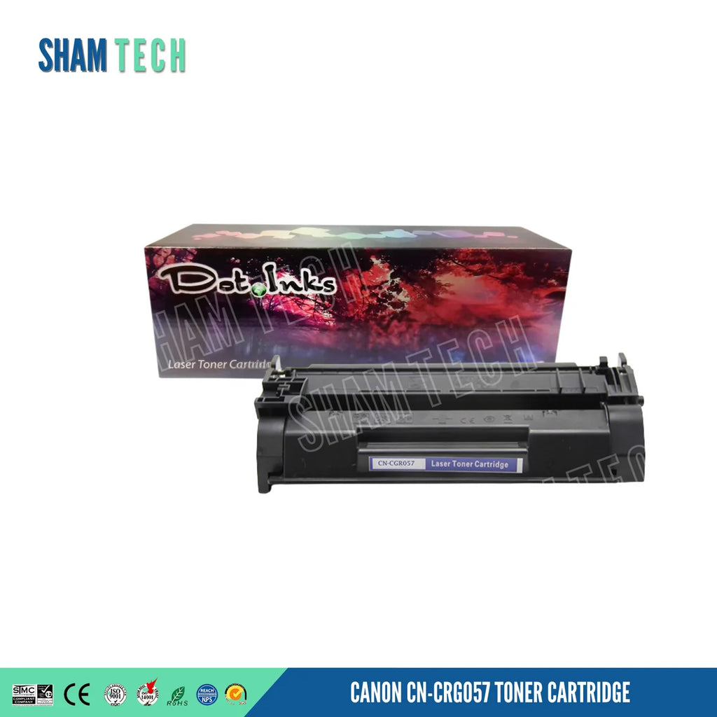 A black laser toner cartridge is displayed horizontally in front of its product box against a white background. The cartridge features a blue and white label on the front with the text "CN-CGR057" and "Laser Toner Cartridge". The product box behind it features a colorful, abstract graphic design with the brand name "Dot Inks" and the text "Laser Toner Cartridge", and a bottom banner displays various compliance and certification logos alongside the text "CANON CN-CRG057 TONER CARTRIDGE".