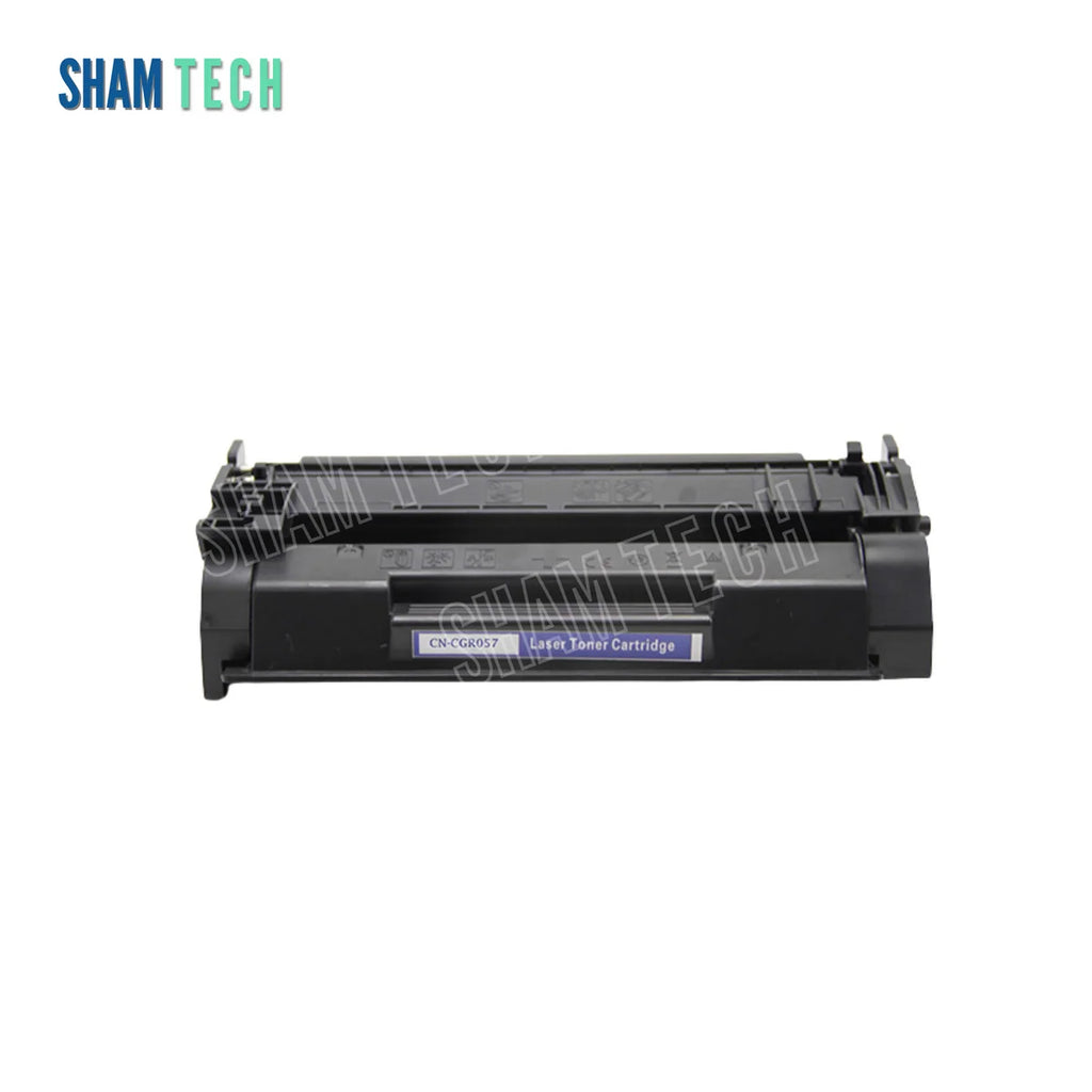 A black laser toner cartridge is displayed horizontally without its product box against a plain white background. The front of the cartridge features a blue and white label printed with the text "CN-CGR057" and "Laser Toner Cartridge". The "SHAM TECH" logo appears in the top-left corner, and a large translucent "SHAM TECH" watermark is overlaid diagonally across the center of the image.
