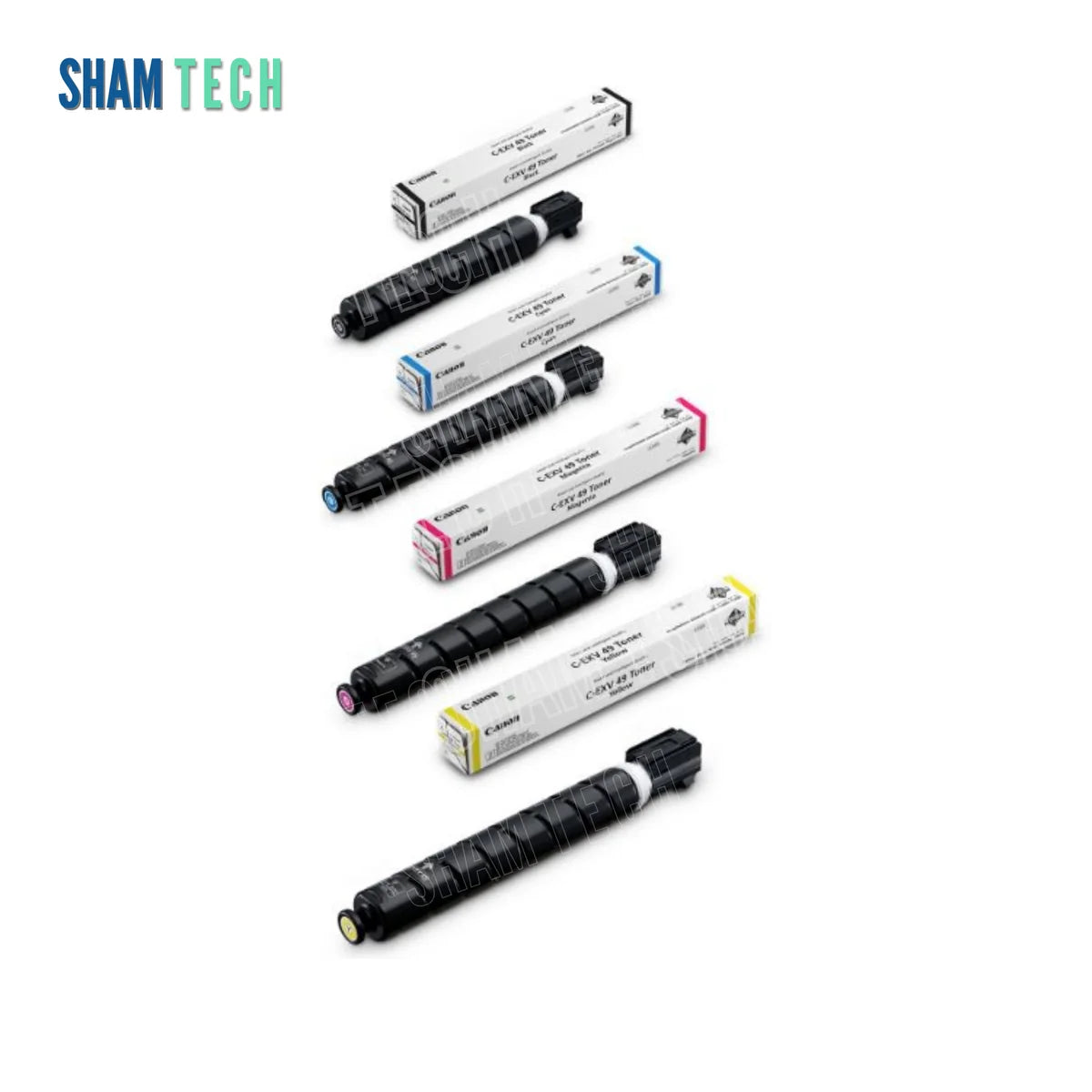 Canon CN-EXV49 BK/C/Y/M Color Laser Toner Cartridges. Against a clean white background featuring the SHAM TECH logo in the upper-left corner, four individual black cylindrical toner bottles paired with their respective retail boxes in Black, Cyan, Magenta, and Yellow are arranged diagonally from top to bottom.