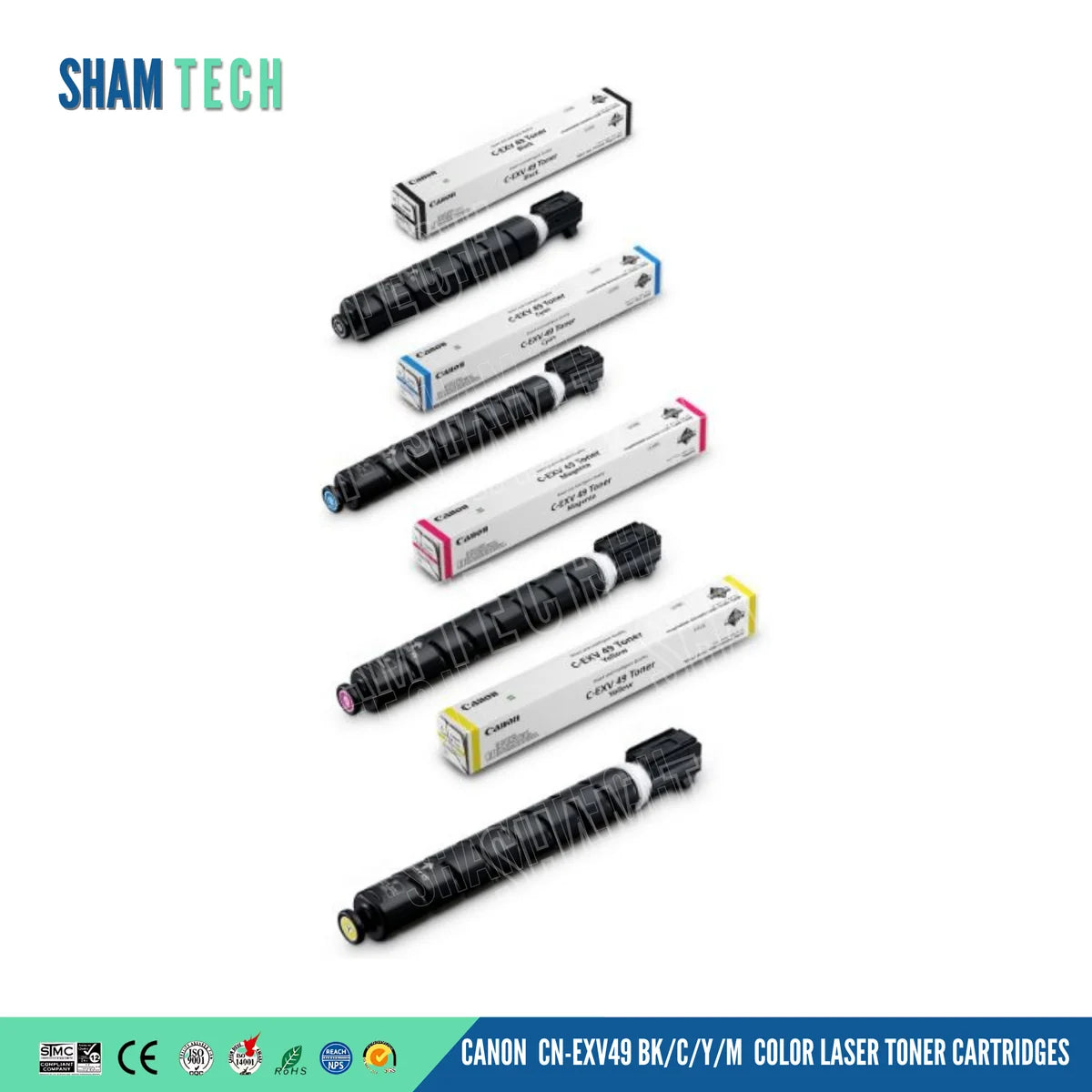 Canon CN-EXV49 BK/C/Y/M Color Laser Toner Cartridges. Against a clean white background featuring the SHAM TECH logo in the upper-left corner, four individual black cylindrical toner bottles paired with their respective retail boxes in Black, Cyan, Magenta, and Yellow are arranged diagonally from top to bottom. A turquoise banner along the bottom displays compliance and quality certification icons on the left, alongside bold white typography reading "CANON CN-EXV49 BK/C/Y/M COLOR LASER TONER CARTRIDGES".