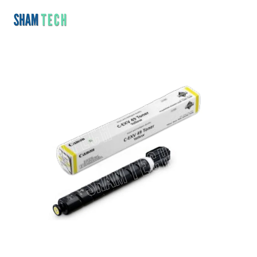 Canon C-EXV 49 Yellow Toner Cartridge. Against a clean white background featuring the SHAM TECH logo in the upper-left corner, a single black cylindrical toner bottle with a yellow-capped end rests in front of its matching white retail box labeled "C-EXV 49 Toner Yellow".