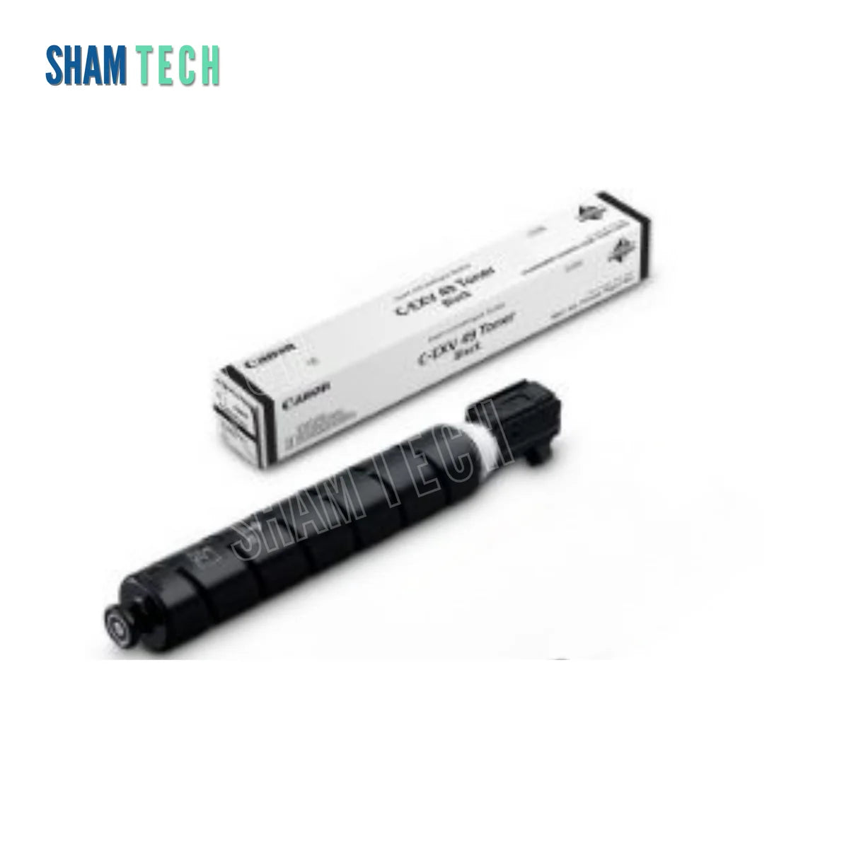 Canon C-EXV 49 Black Toner Cartridge. Against a clean white background featuring the SHAM TECH logo in the upper-left corner, a single black cylindrical toner bottle rests in front of its matching white retail box labeled "C-EXV 49 Toner Black".