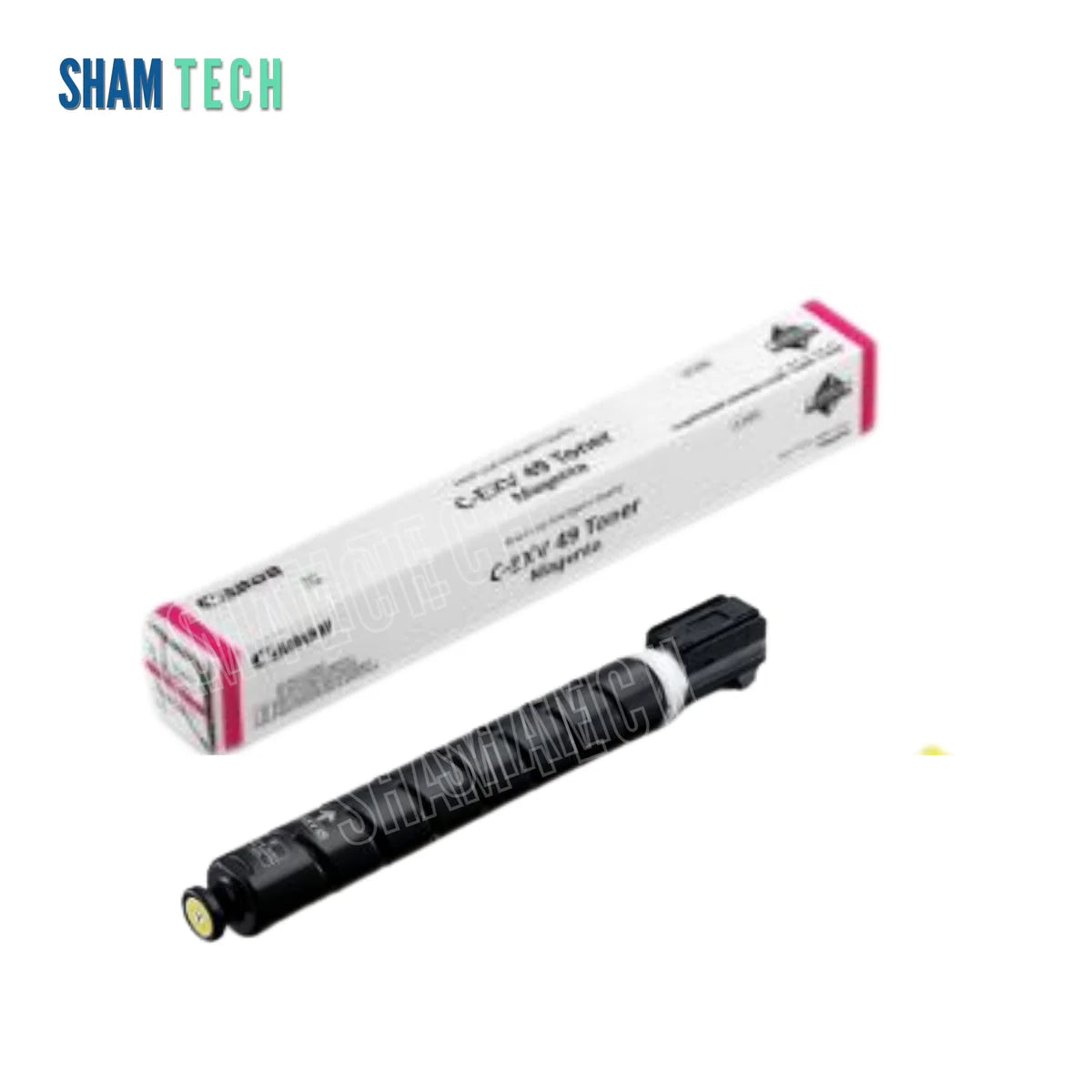 Canon C-EXV 49 Magenta Toner Cartridge. Against a clean white background featuring the SHAM TECH logo in the upper-left corner, a single black cylindrical toner bottle rests in front of its matching white retail box labeled "C-EXV 49 Toner Magenta".