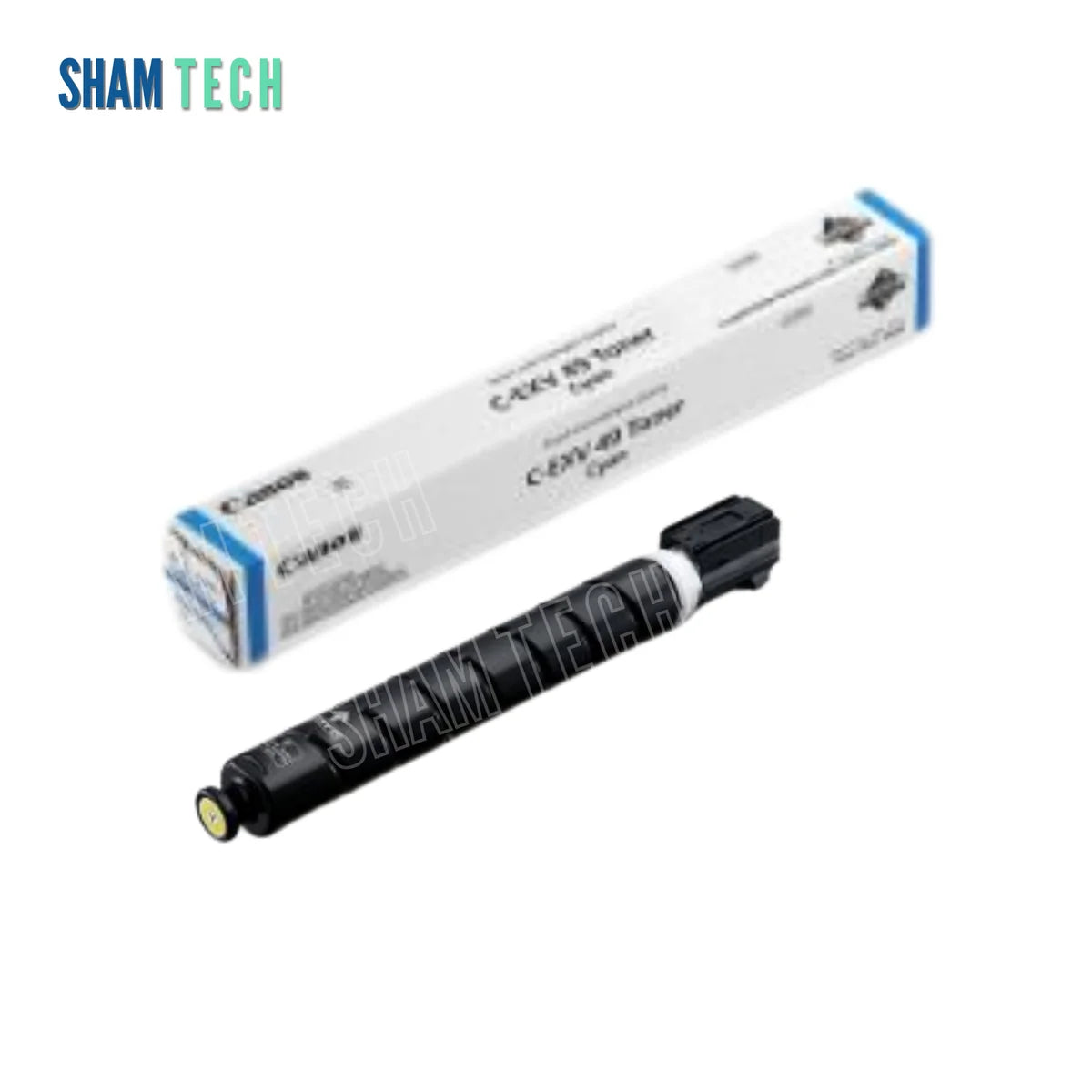 Canon C-EXV 49 Cyan Toner Cartridge. Against a clean white background featuring the SHAM TECH logo in the upper-left corner, a single black cylindrical toner bottle rests in front of its matching white retail box labeled "C-EXV 49 Toner Cyan".