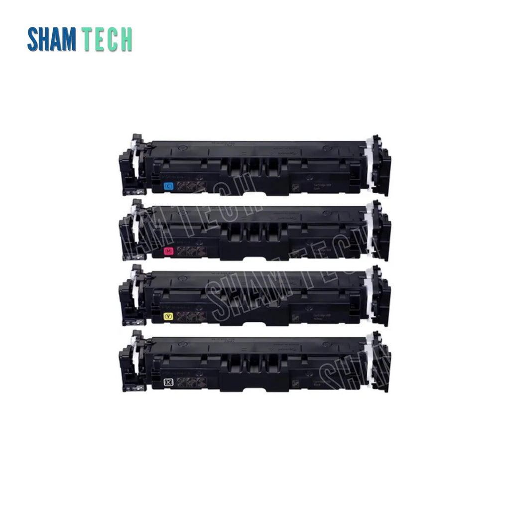 Canon CRG-069 BK/C/Y/M Color Laser Toner Cartridges without its box. Against a clean white background featuring the SHAM TECH logo in the upper-left corner, four black laser toner cartridges are stacked vertically in the foreground.