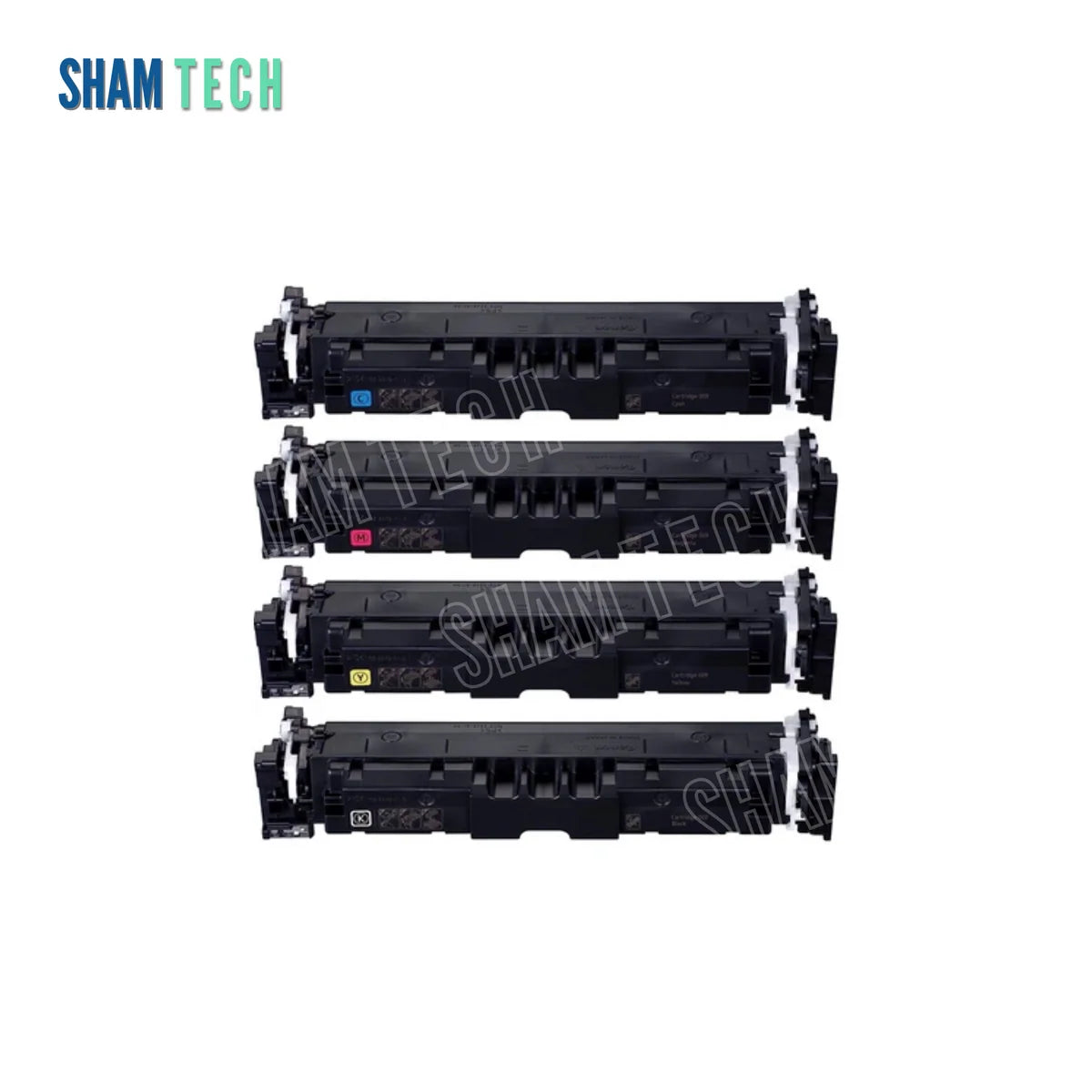 Canon CRG-069 BK/C/Y/M Color Laser Toner Cartridges without its box. Against a clean white background featuring the SHAM TECH logo in the upper-left corner, four black laser toner cartridges are stacked vertically in the foreground.