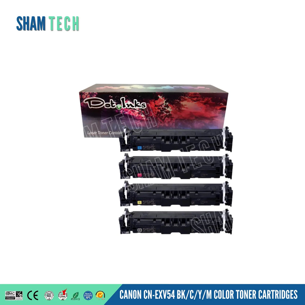 Canon CRG-069 BK/C/Y/M Color Laser Toner Cartridges. Against a clean white background featuring the SHAM TECH logo in the upper-left corner, four black laser toner cartridges are stacked vertically in the foreground below a matching Dot Inks retail box featuring an autumn canopy graphic. A turquoise banner along the bottom displays various quality and compliance certification icons on the left, alongside bold white typography reading "CANON CN-EXV54 BK/C/Y/M COLOR TONER CARTRIDGES" on the right.