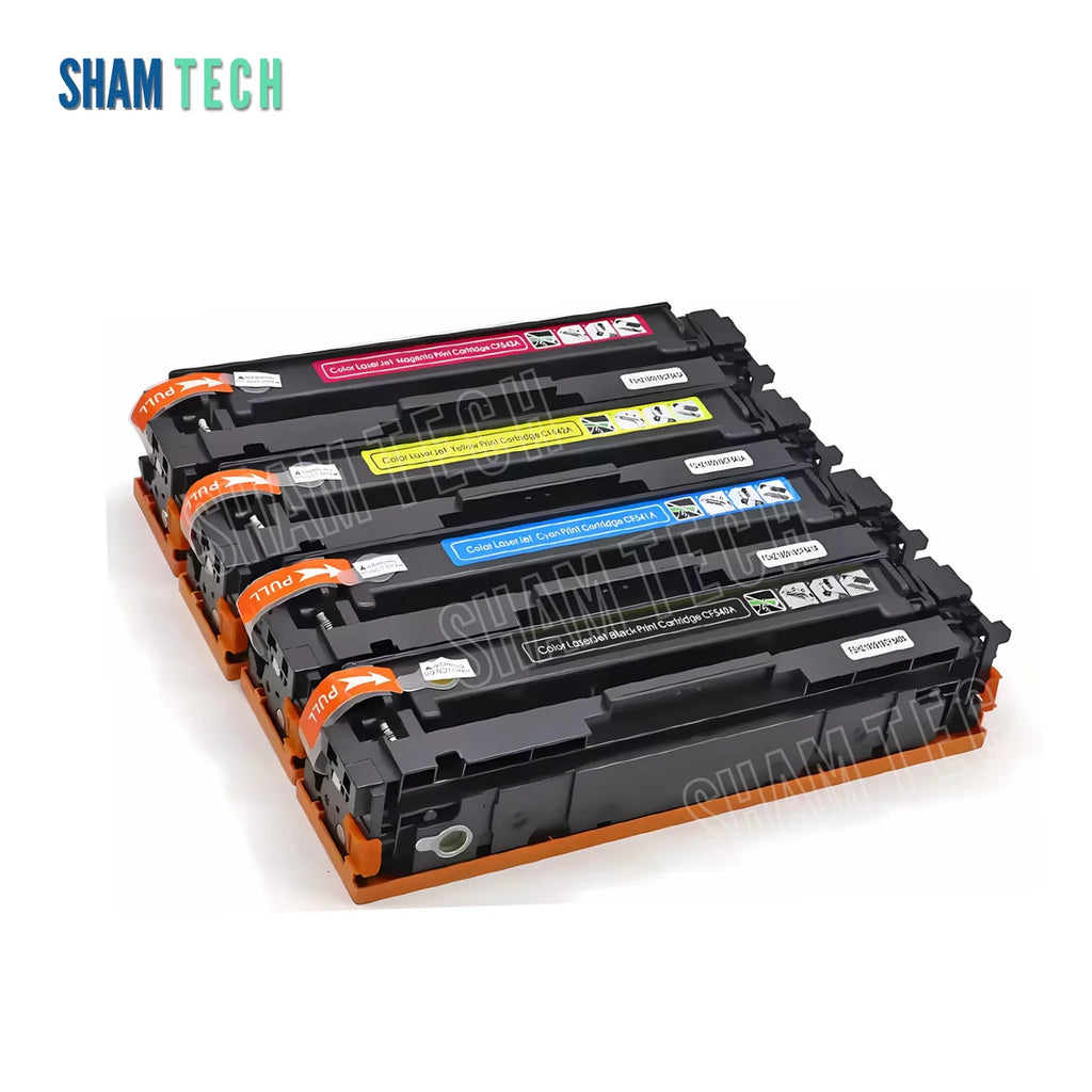 Canon CRG 055 toner set without its box is stacked neatly against a clean white background. Each black plastic cartridge is equipped with protective orange side end-caps, orange pull tabs labeled "PULL," color-coded identification labels with handling diagrams, and integrated smart chips for seamless printer communication. The SHAM TECH logo is located in the upper-left corner of the image, accompanied by repeating semi-transparent watermarks across the cartridges.