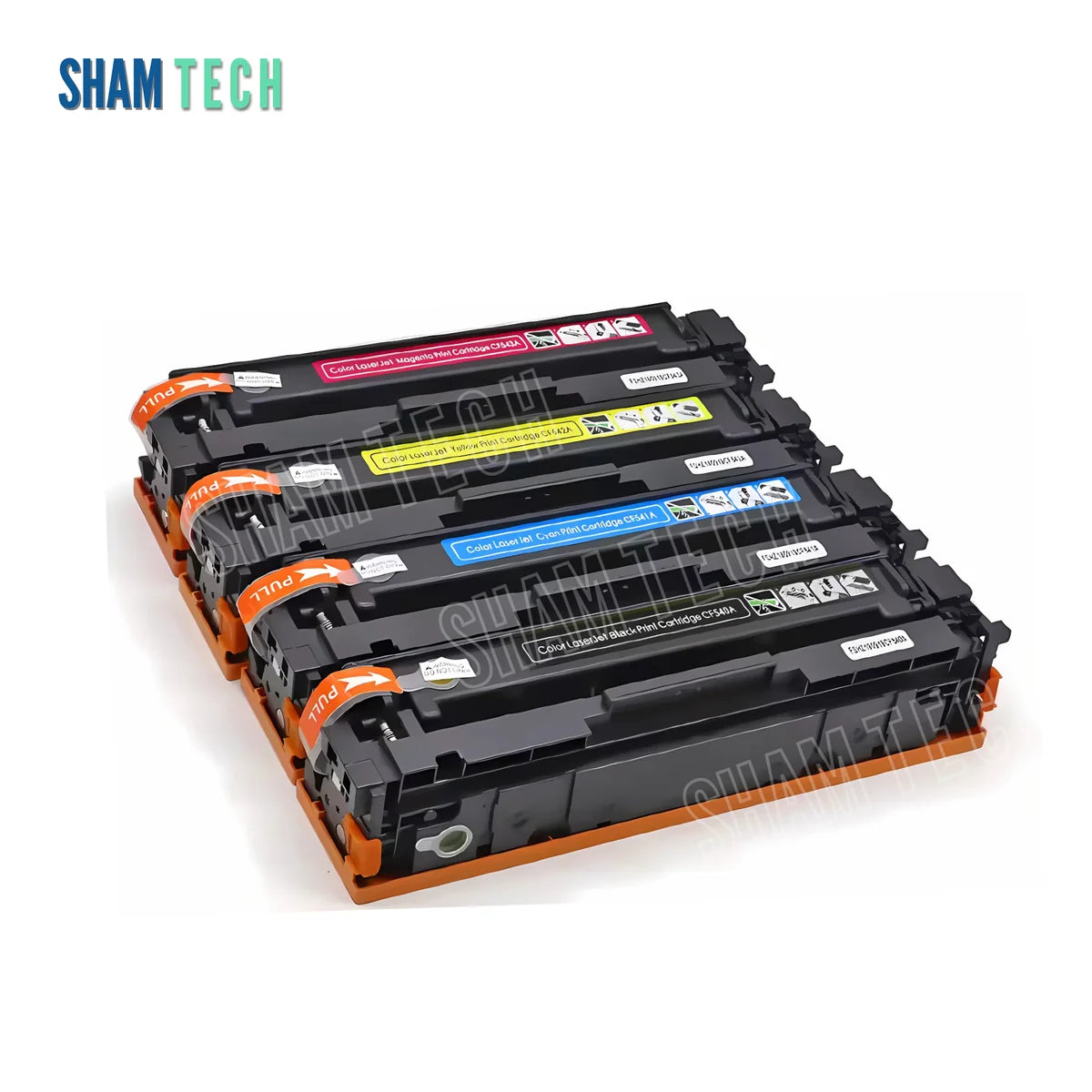 Canon CRG 055 toner set without its box is stacked neatly against a clean white background. Each black plastic cartridge is equipped with protective orange side end-caps, orange pull tabs labeled "PULL," color-coded identification labels with handling diagrams, and integrated smart chips for seamless printer communication. The SHAM TECH logo is located in the upper-left corner of the image, accompanied by repeating semi-transparent watermarks across the cartridges.