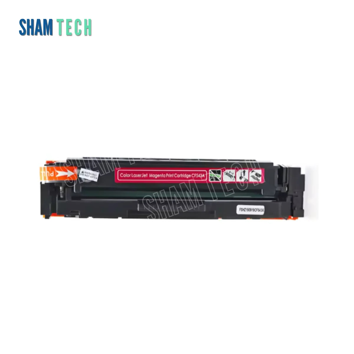 A compatible magenta laser toner cartridge without its box (model CF543A, corresponding to the Canon CRG 055 series) set against a clean white background. Constructed with a durable black molded plastic body, the cartridge features protective orange end caps, an orange pull tab labeled "PULL," an integrated smart chip, and a prominent magenta label reading "Color LaserJet Magenta Print Cartridge CF543A" alongside step-by-step handling diagrams.