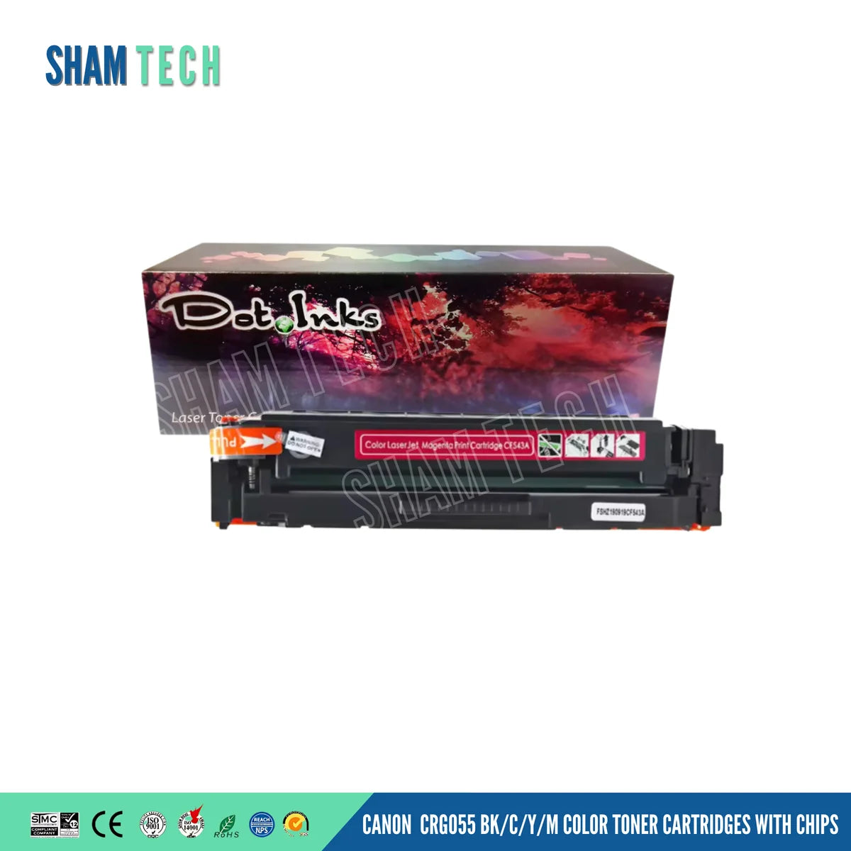 A Dot Inks compatible magenta laser toner cartridge (model CF543A, corresponding to the Canon CRG 055 series) positioned in front of its retail packaging box against a clean white background. The black plastic cartridge is equipped with orange protective end caps, an orange pull tab labeled "PULL," an integrated smart chip, and a magenta identification label reading "Color LaserJet Magenta Print Cartridge CF543A" alongside step-by-step handling diagrams. 