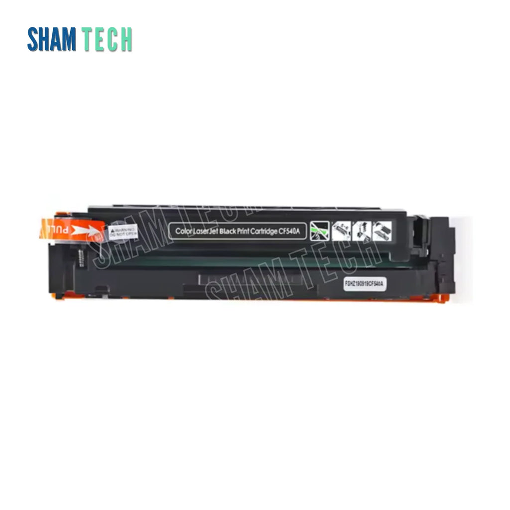A compatible black laser toner cartridge without its box (model CF540A, corresponding to the Canon CRG 055 series) set against a clean white background. Constructed with a black molded plastic housing, the cartridge features orange protective end caps, an orange pull tab labeled "PULL," an integrated smart chip, and a dark black identification label reading "Color LaserJet Black Print Cartridge CF540A" accompanied by step-by-step handling diagrams.
