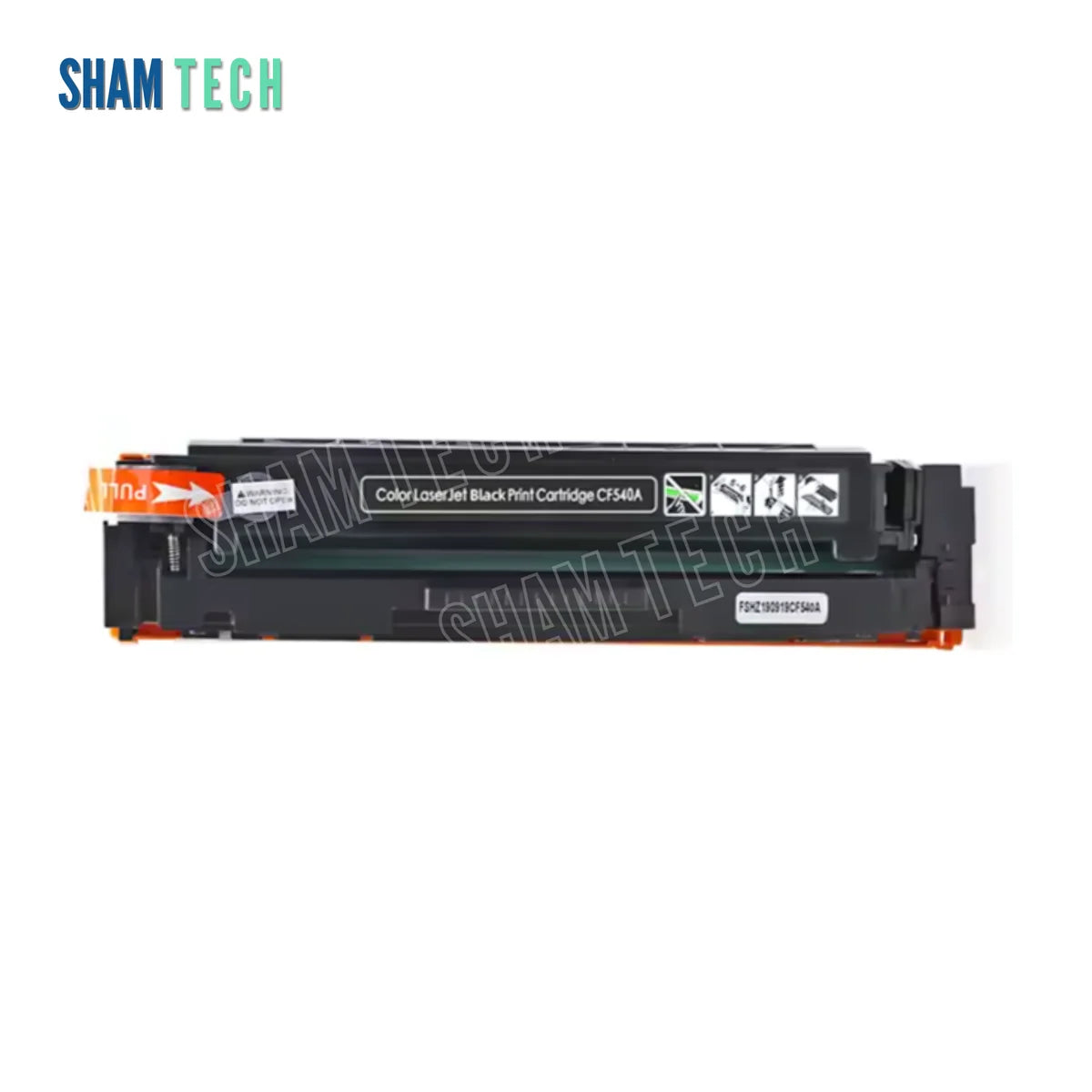A compatible black laser toner cartridge without its box (model CF540A, corresponding to the Canon CRG 055 series) set against a clean white background. Constructed with a black molded plastic housing, the cartridge features orange protective end caps, an orange pull tab labeled "PULL," an integrated smart chip, and a dark black identification label reading "Color LaserJet Black Print Cartridge CF540A" accompanied by step-by-step handling diagrams.
