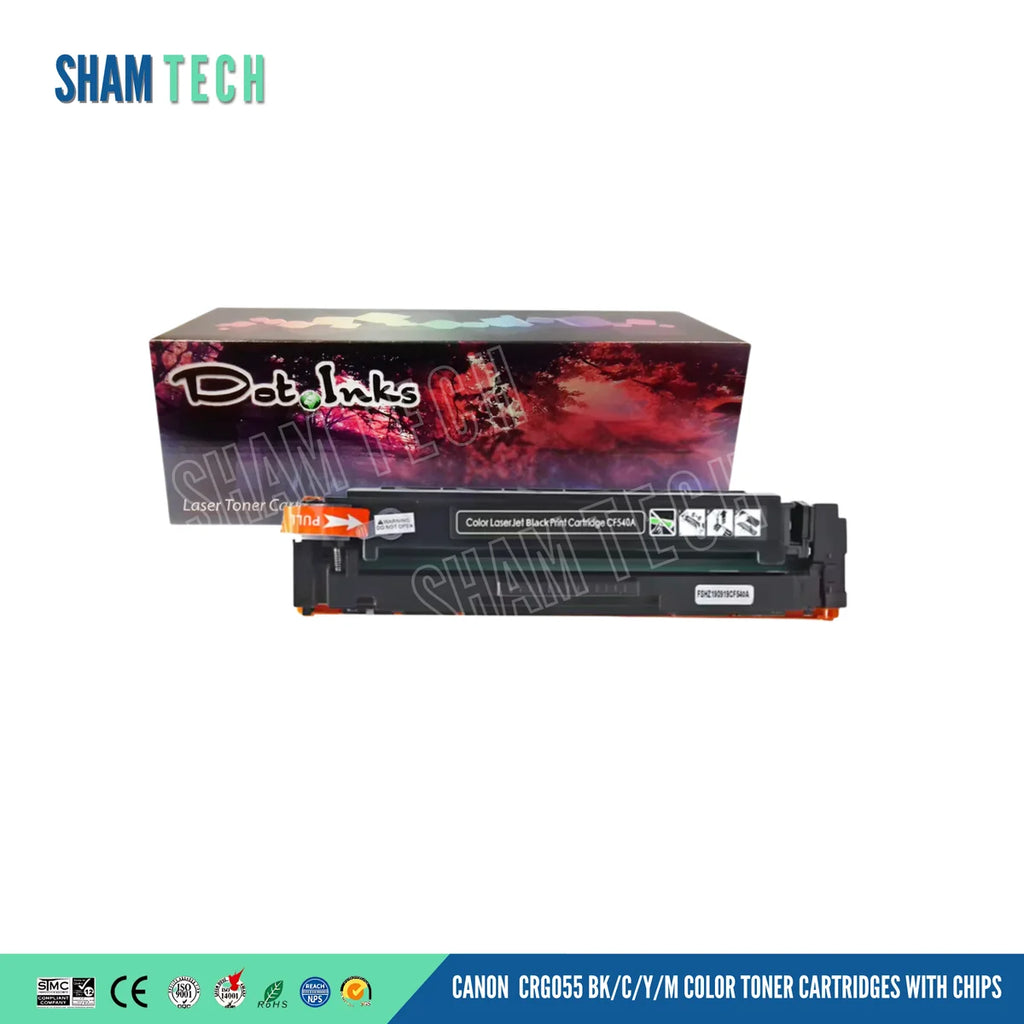 A Dot Inks compatible black laser toner cartridge (model CF540A, corresponding to the Canon CRG 055 series) positioned in front of its retail packaging box against a clean white background. The black plastic cartridge is fitted with orange protective end caps, an orange pull tab labeled "PULL," an integrated smart chip, and a dark black identification label reading "Color LaserJet Black Print Cartridge CF540A" alongside handling diagrams. Placed directly behind it sits the Dot Inks retail box.