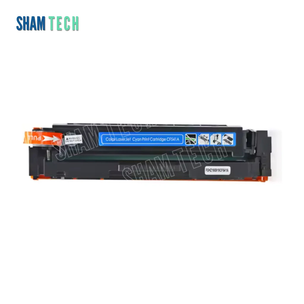 A compatible cyan laser toner cartridge without its box (model CF541A, corresponding to the Canon CRG 055 series) set against a clean white background. Constructed with a durable black molded plastic body, the cartridge features protective orange end caps, an orange pull tab labeled "PULL," an integrated smart chip, and a prominent blue-and-cyan label reading "Color LaserJet Cyan Print Cartridge CF541A" alongside step-by-step handling diagrams.