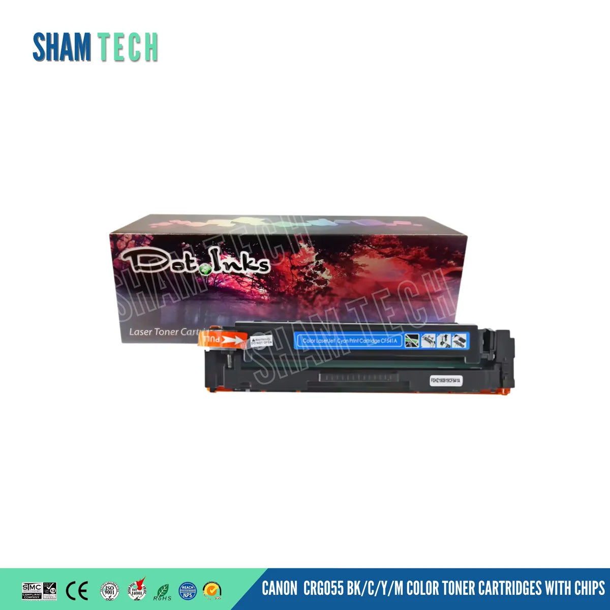 a Dot Inks compatible cyan laser toner cartridge (model CF541A, corresponding to the Canon CRG 055 series) positioned in front of its retail packaging box against a clean white background. The black plastic cartridge is fitted with orange protective end caps, an orange pull tab, an integrated smart chip, and a clear cyan label reading "Color LaserJet Cyan Print Cartridge CF541A" alongside handling icons. Placed directly behind it sits the Dot Inks retail box displaying the signature autumn forest graphic.