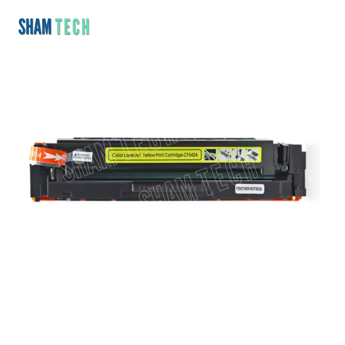 A compatible yellow laser toner cartridge without its box (model CF542A, corresponding to the Canon CRG 055 series) presented on a clean white background. The cartridge features a black molded plastic housing equipped with orange protective end caps, an orange pull tab labeled "PULL," an integrated smart chip, and a prominent yellow label reading "Color LaserJet Yellow Print Cartridge CF542A" accompanied by installation and handling diagrams. The SHAM TECH brand logo is displayed in the upper-left corner.