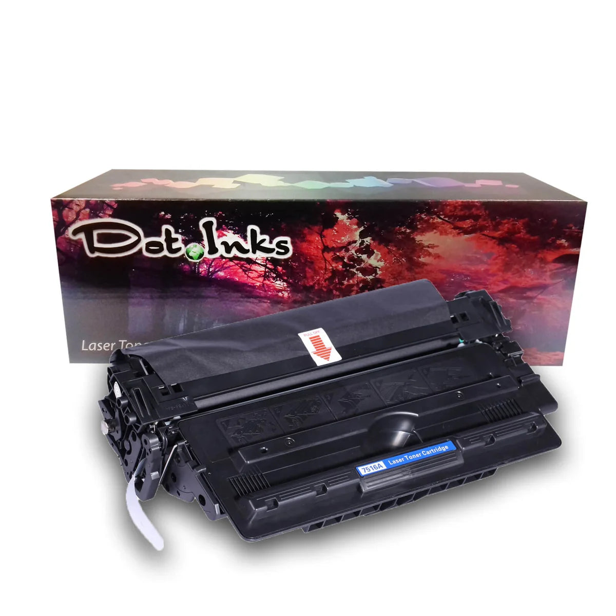 a black laser toner cartridge (labeled 7516A Laser Toner Cartridge with a "PULL OFF" sealing strip) positioned in front of a colorful, red-tinted wooded landscape packaging box branded with Dot Inks.