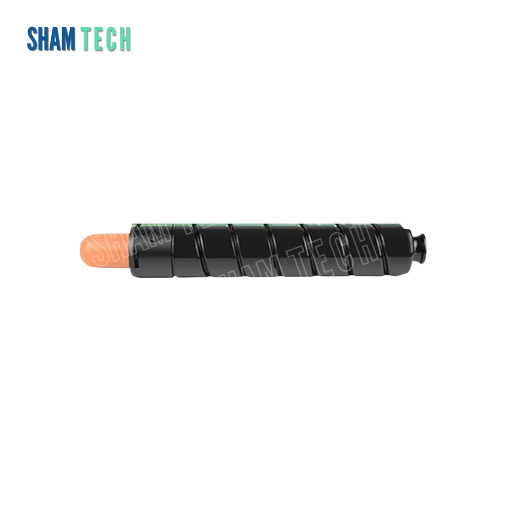 A black toner bottle is displayed horizontally without its box against a plain white background, featuring a ribbed cylindrical body with an orange cap on its left end. The "SHAM TECH" logo appears in the top-left corner, and a large translucent "SHAM TECH" watermark is overlaid across the centre of the cartridge.