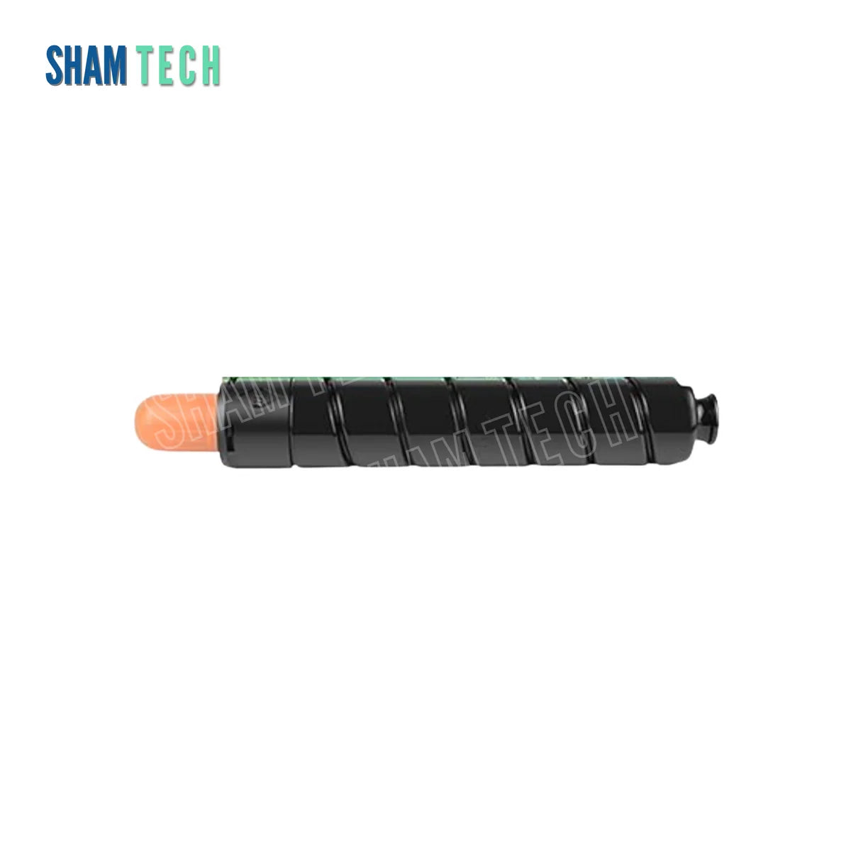 A black toner bottle is displayed horizontally without its box against a plain white background, featuring a ribbed cylindrical body with an orange cap on its left end. The "SHAM TECH" logo appears in the top-left corner, and a large translucent "SHAM TECH" watermark is overlaid across the centre of the cartridge.