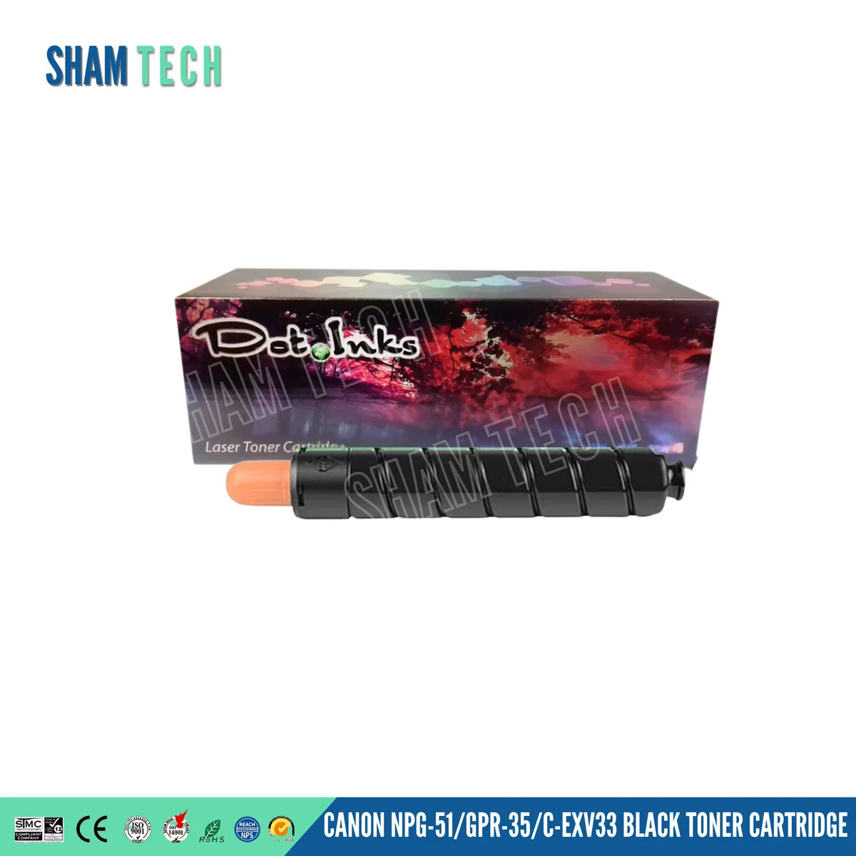 A black toner bottle rests horizontally in front of its product box, which features a colorful "Dot Inks" graphic design. The top-left corner displays the "SHAM TECH" logo, a translucent watermark overlay covers the center, and a bottom banner shows compliance certification icons alongside the text "CANON NPG-51/GPR-35/C-EXV33 BLACK TONER CARTRIDGE".