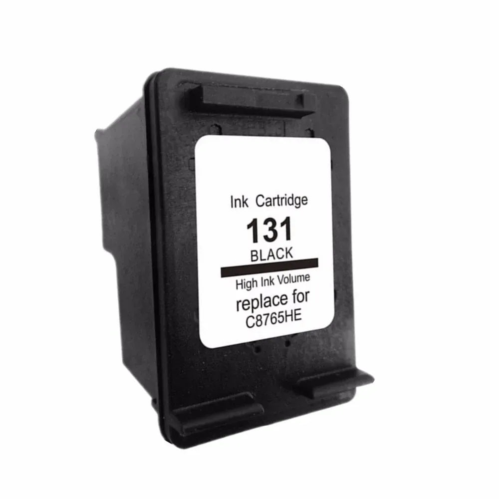 HP 131 Black Ink Cartridge (C8765HE) without its box. In the foreground against a clean white background, an angled black inkjet cartridge features a white label reading "Ink Cartridge", bold text for "131", "BLACK", a black accent bar, "High Ink Volume", and "replace for C8765HE".