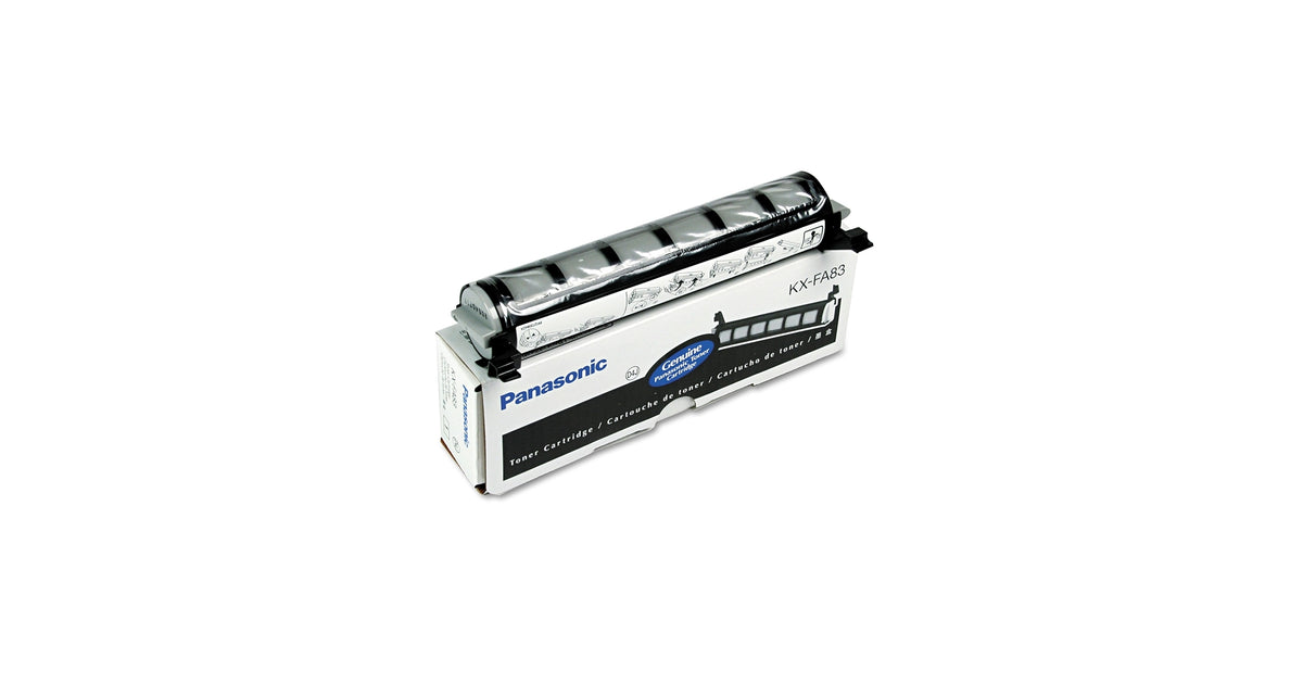 A Panasonic P-KX-FA83E black laser toner cartridge is displayed diagonally on top of its packaging box against a plain white background. The cartridge features a black and grey cylindrical housing unit resting inside its retail box, which displays the "Panasonic" brand name, blue "Genuine" badge, model number "KX-FA83", and text reading "Toner Cartridge" in multiple languages.