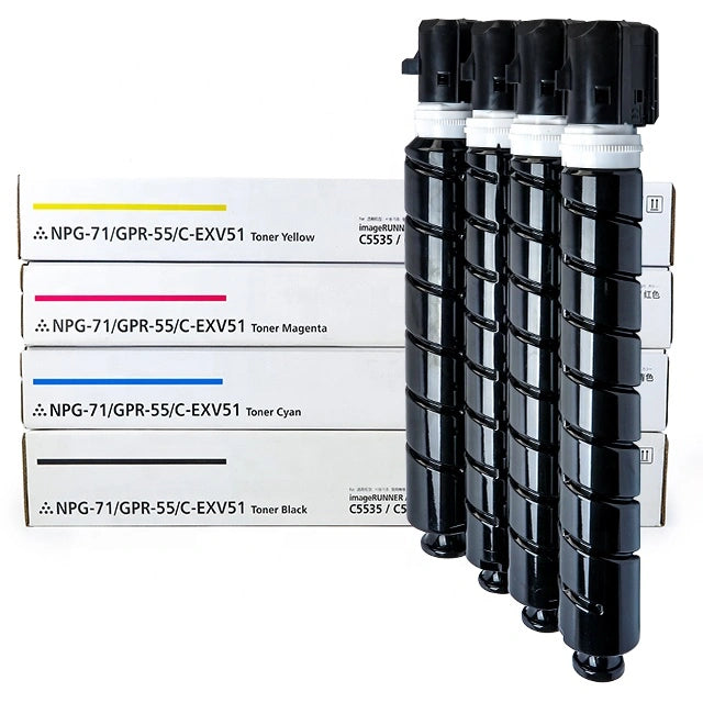 Full color Set of Exv-51 toner cartridges with their packaging on a white background