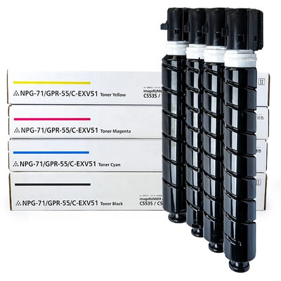 Full color Set of Exv-51 toner cartridges with their packaging on a white background