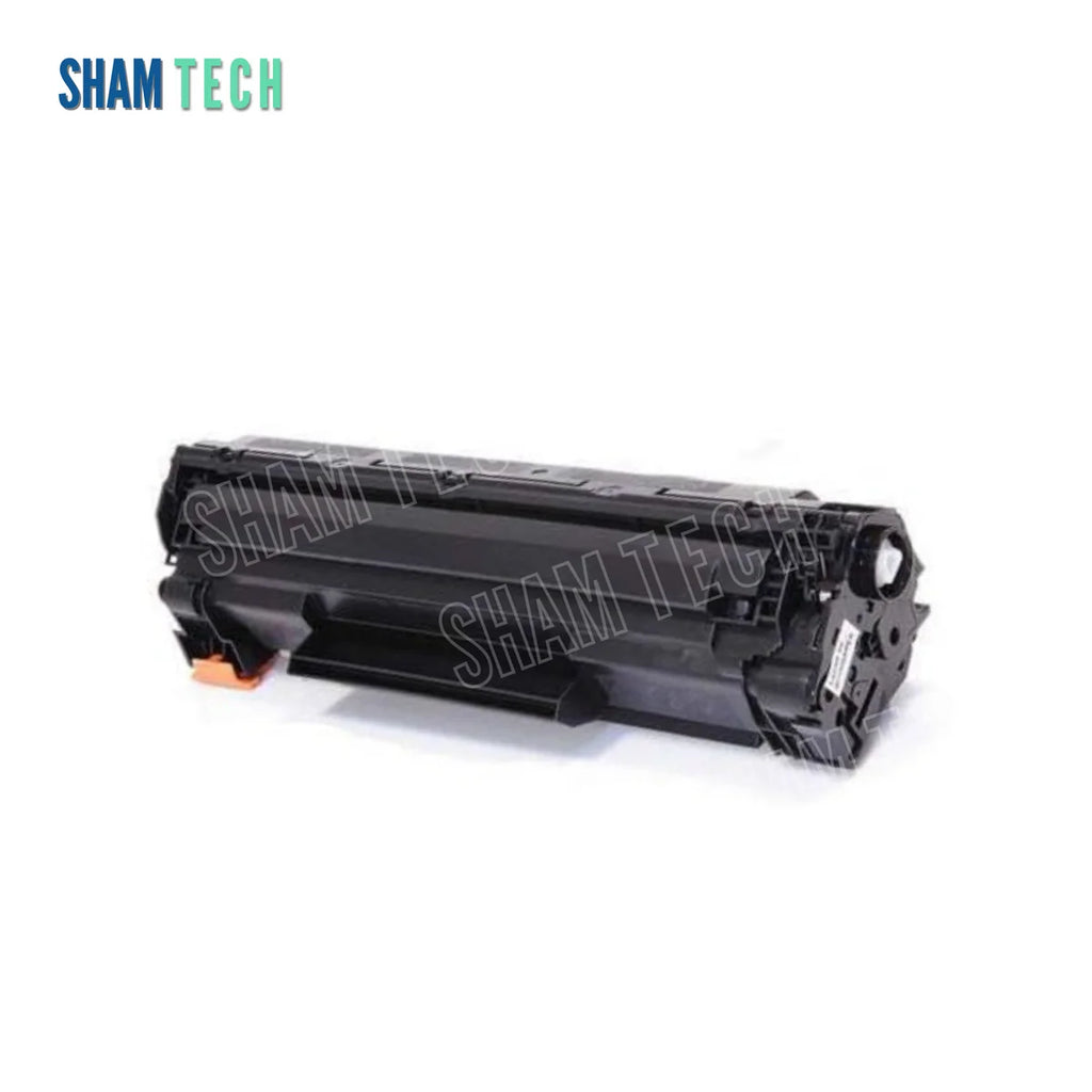 A standalone black H-CC388A toner cartridge is displayed horizontally without its box against a white background. The unit features structured black plastic housing, an integrated side handle/housing, and visible gear/contact mechanisms. The "SHAM TECH" logo appears in the top-left corner, and a large translucent "SHAM TECH" watermark is overlaid diagonally across the image.