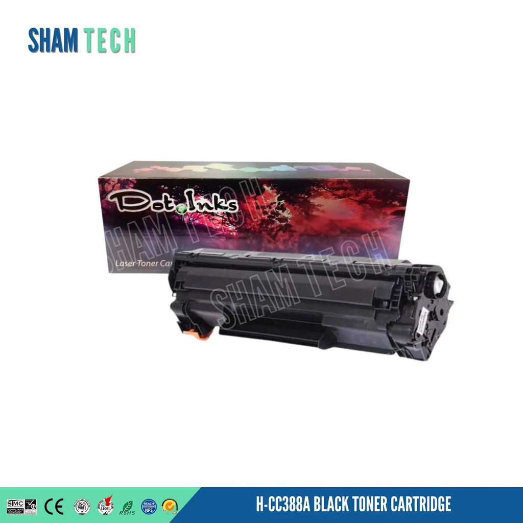 H-CC388A BLACK TONER CARTRIDGE features a black laser toner unit with integrated side handle/housing and gear/contact mechanisms, positioned horizontally in front of a "Dot Inks" retail box against a white background. The "SHAM TECH" logo appears in the top-left corner, a large translucent "SHAM TECH" watermark is overlaid diagonally across the image, and a bottom banner displays compliance and certification logos alongside the product name.