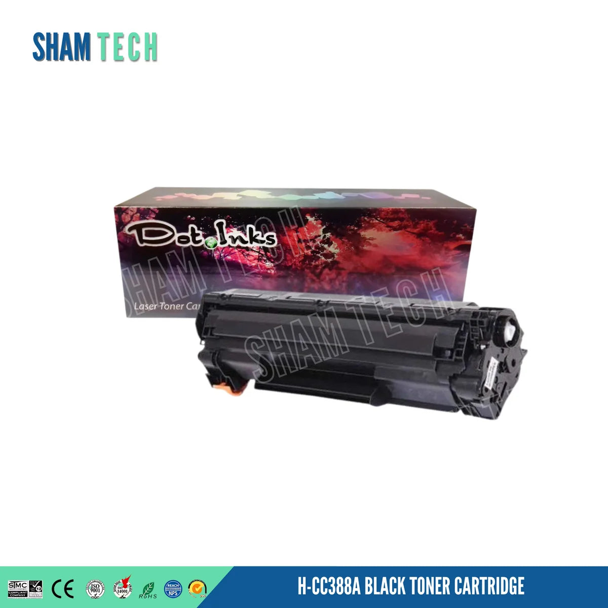 H-CC388A BLACK TONER CARTRIDGE features a black laser toner unit with integrated side handle/housing and gear/contact mechanisms, positioned horizontally in front of a "Dot Inks" retail box against a white background. The "SHAM TECH" logo appears in the top-left corner, a large translucent "SHAM TECH" watermark is overlaid diagonally across the image, and a bottom banner displays compliance and certification logos alongside the product name.