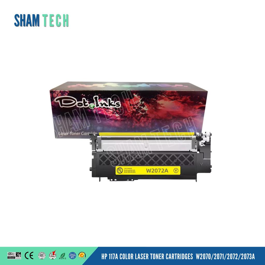 An image of HP 117A Yellow toner cartridge, model number (W2072), On a white background with Dotinks packaging box.