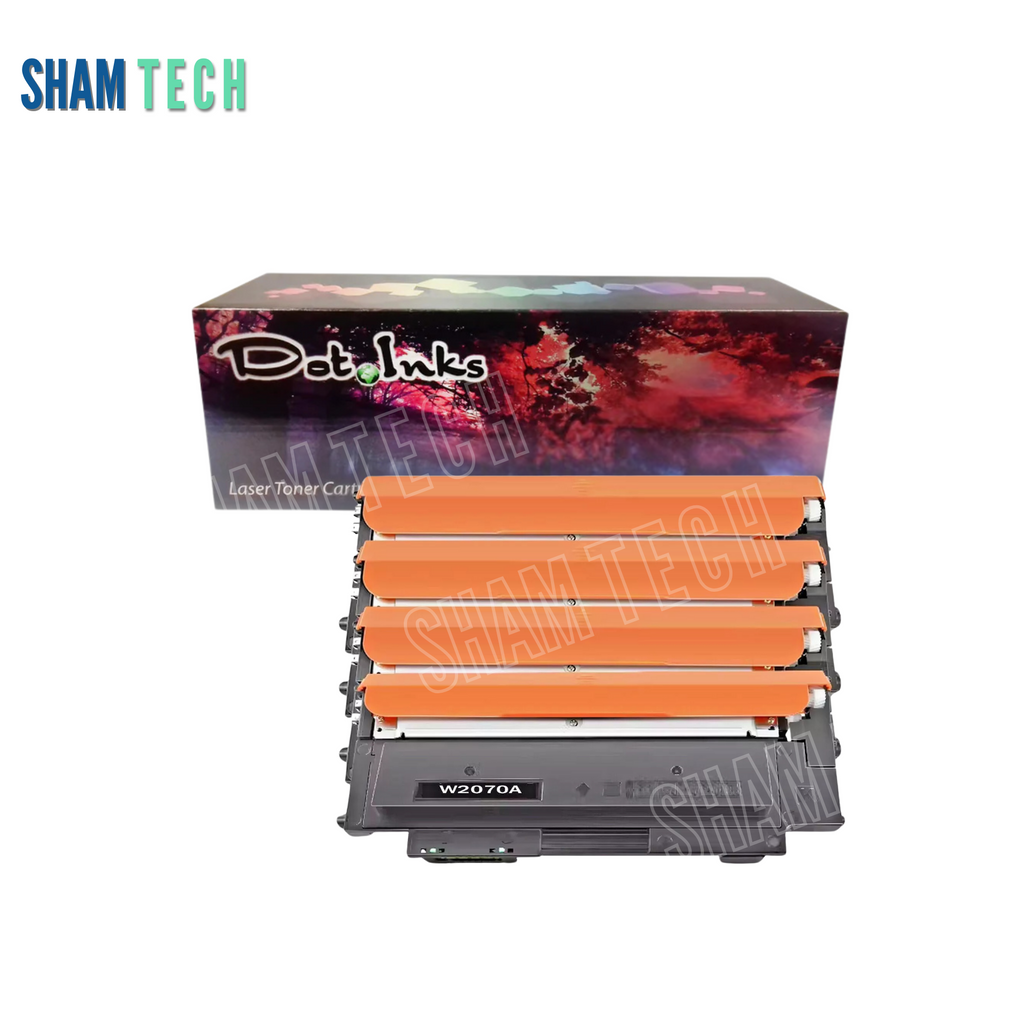 A set of compatible HP 117A color laser toner cartridges including black (W2070), cyan (W2071), yellow (W2072), and magenta (W2073) cartridges, packaged in a box with the brand name Dotinks. All visible on White background.