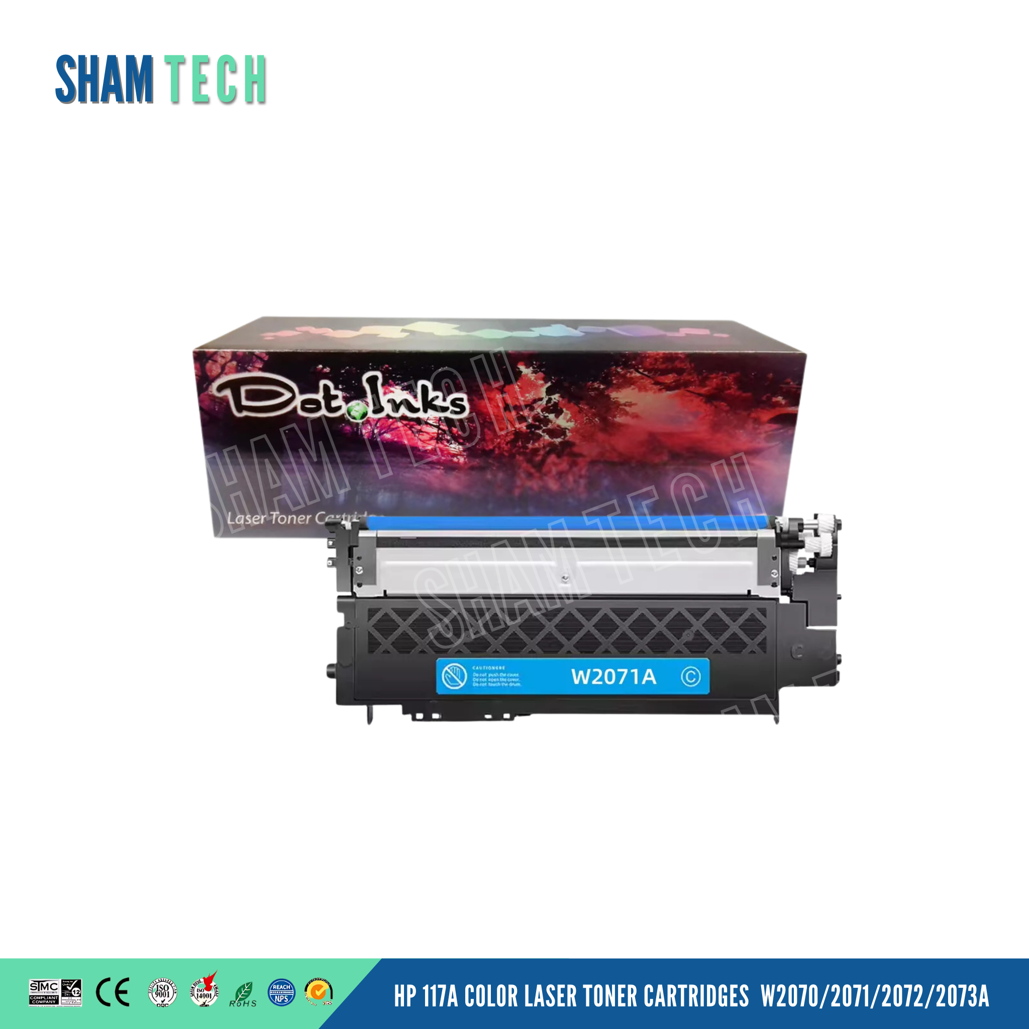 An image of HP 117A Cyan toner cartridge, model number (W2071A), On a white background with packaging box.
