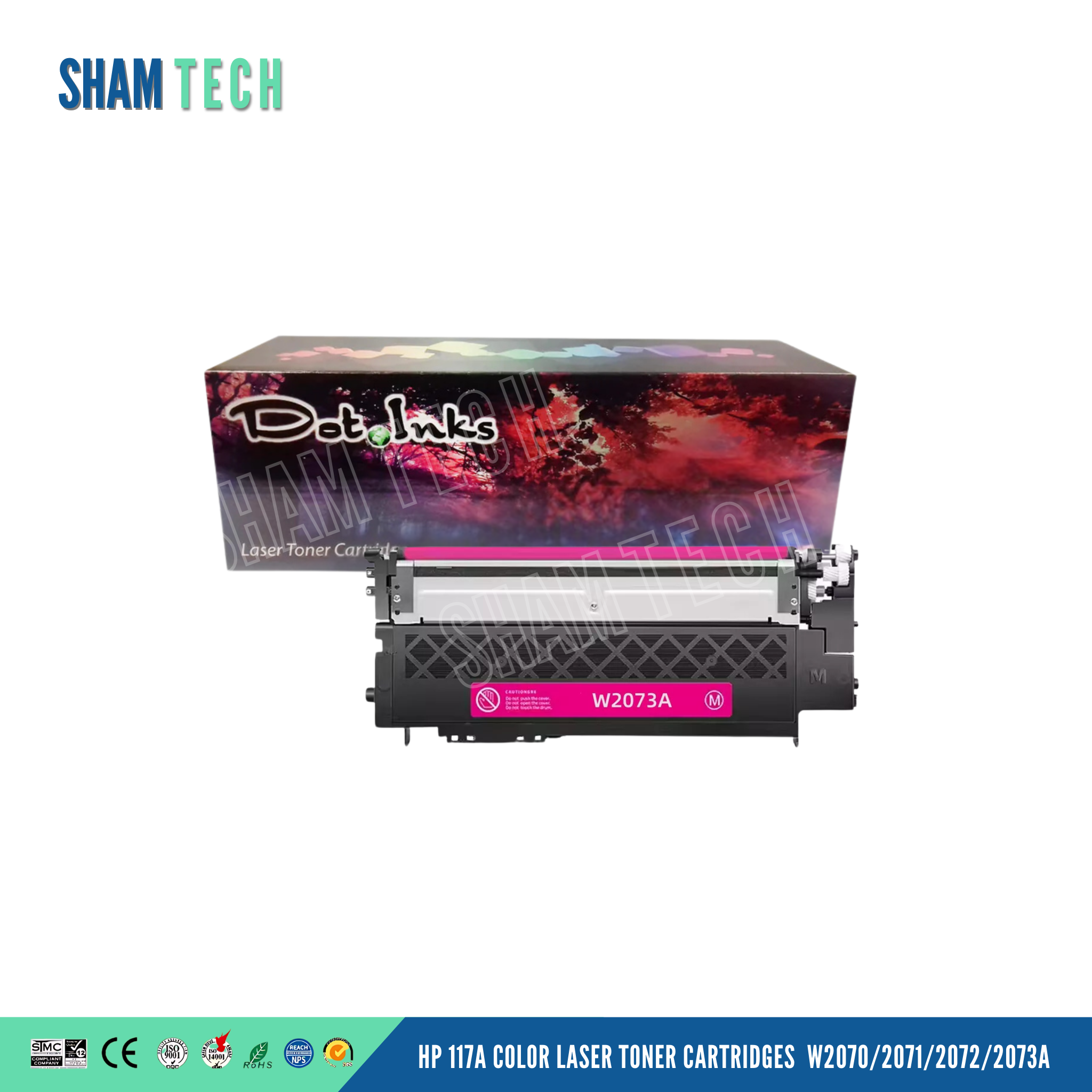 An image of HP 117A Magenta toner cartridge, model number (W2073A), On a white background with Dotinks packaging box.