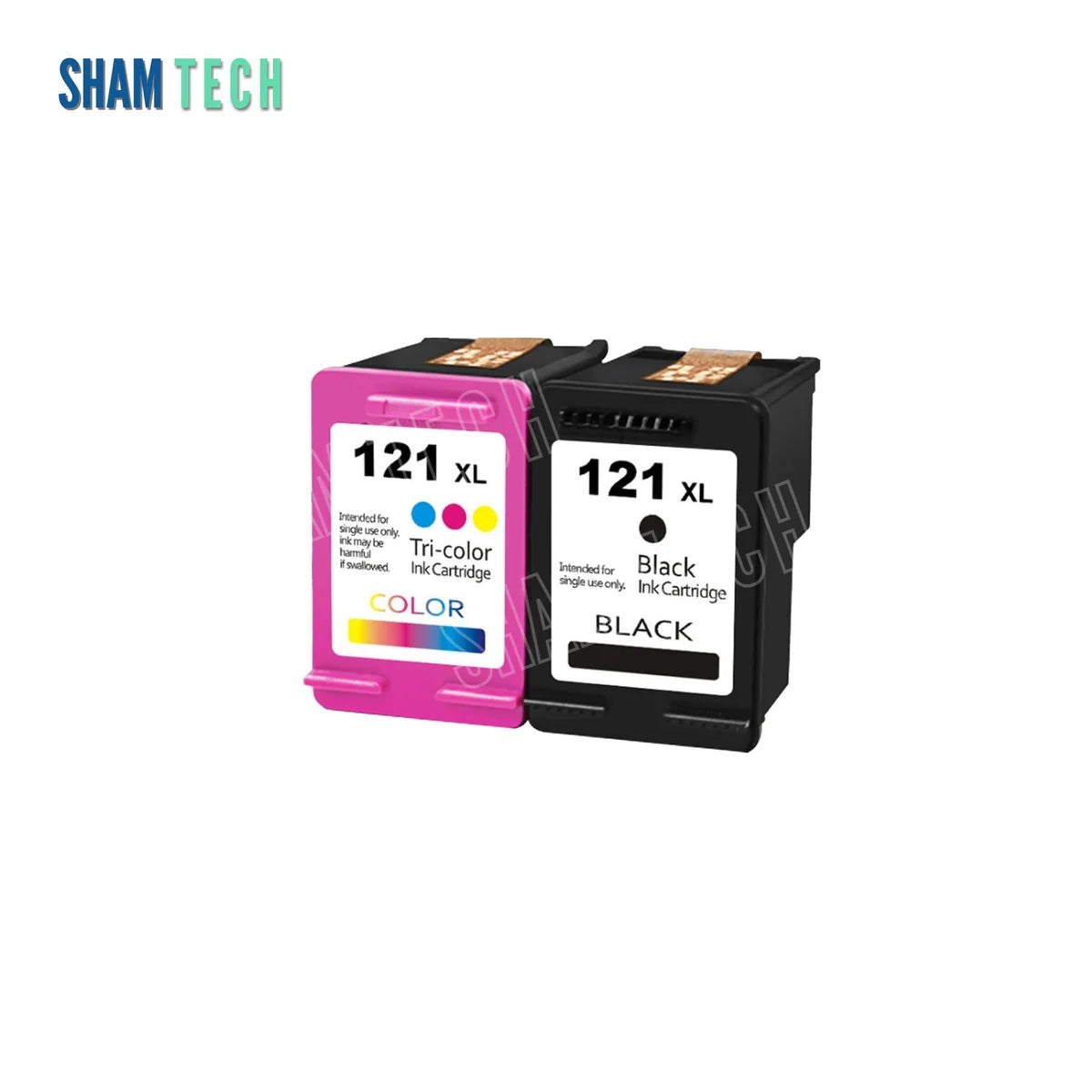 HP 121XL Inkjet Cartridges Set without their box. In the foreground against a clean white background, the set features a tri-color cartridge with a pink protective clip and a white label marked "121 XL", cyan/magenta/yellow ink dots, warning text, and a "COLOR" banner, paired alongside a black cartridge featuring a white label marked "121 XL", a black ink dot, and a "BLACK" banner. The upper-left corner incorporates the SHAM TECH brand logo, while a diagonal watermark spans the central display area.