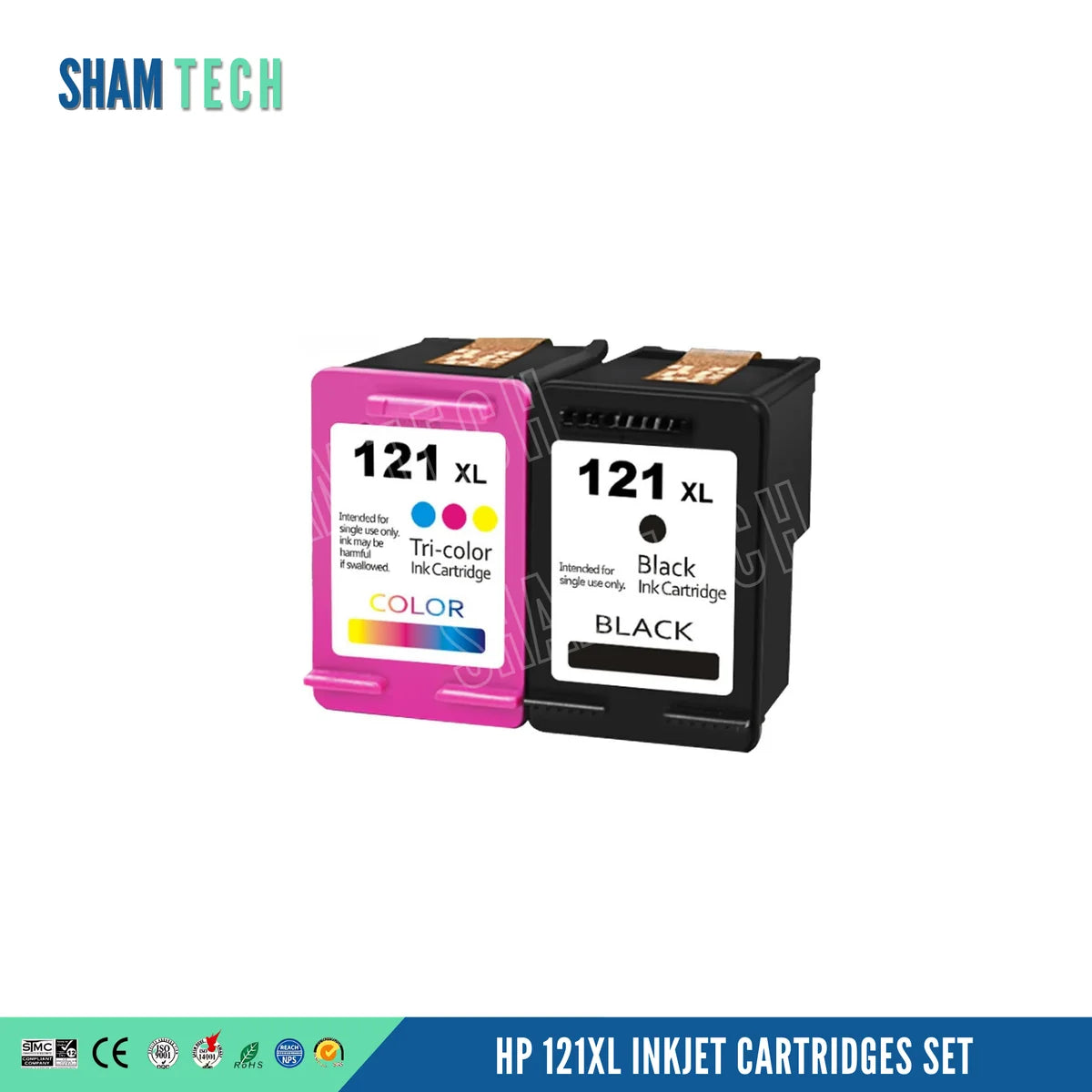 HP 121XL Inkjet Cartridges Set without their box. In the foreground against a clean white background, the set features a tri-color cartridge with a pink protective clip and a white label marked "121 XL", cyan/magenta/yellow ink dots, warning text, and a "COLOR" banner, paired alongside a black cartridge featuring a white label marked "121 XL", a black ink dot, and a "BLACK" banner. The upper-left corner incorporates the SHAM TECH brand logo, while a diagonal watermark spans the central display area.