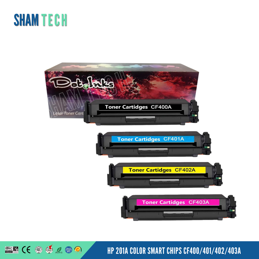 HP 201A toners all colors on a white background. It shows all colors with a Dotinks box behind them.