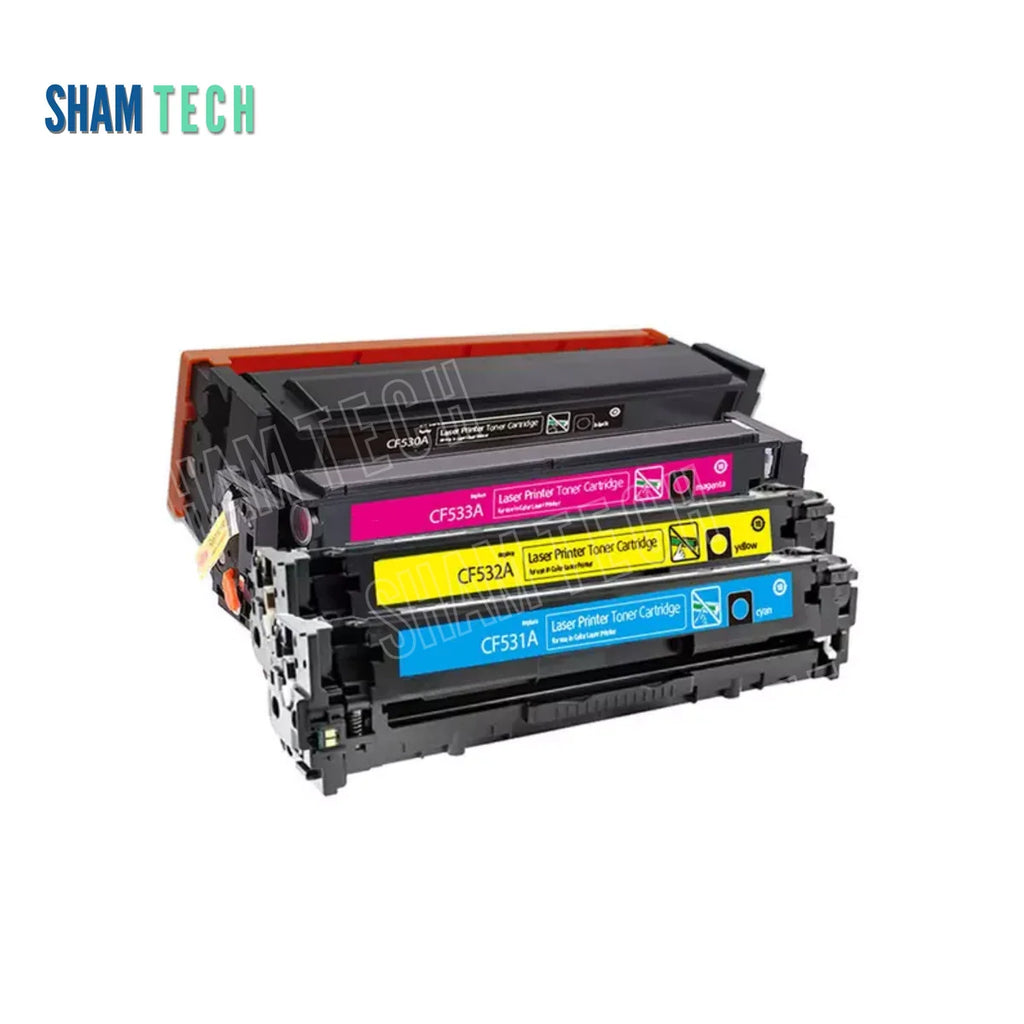 HP 205A Color Toner Set (CF530A / CF531A / CF532A / CF533A) without their box. Four stacked/staggered black laser toner units featuring structural plastic housing, side gear/spring assemblies, protective top covers/shields, and distinct color-coded center labels for black (CF530A), magenta (CF533A), yellow (CF532A), and cyan (CF531A) on a white background with a translucent diagonal "SHAM TECH" watermark overlay. Top-left features the mandatory SHAM TECH logo.