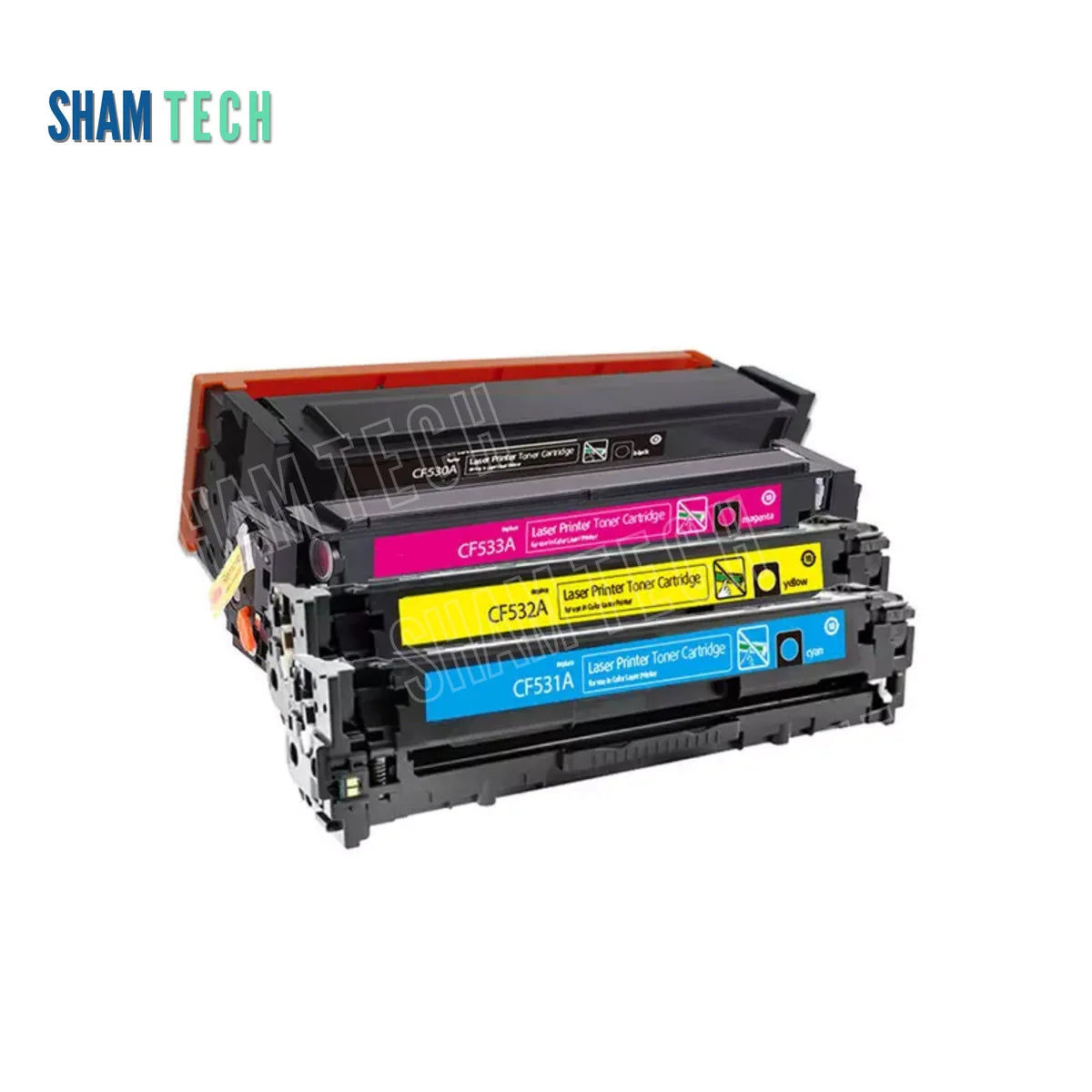 HP 205A Color Toner Set (CF530A / CF531A / CF532A / CF533A) without their box. Four stacked/staggered black laser toner units featuring structural plastic housing, side gear/spring assemblies, protective top covers/shields, and distinct color-coded center labels for black (CF530A), magenta (CF533A), yellow (CF532A), and cyan (CF531A) on a white background with a translucent diagonal "SHAM TECH" watermark overlay. Top-left features the mandatory SHAM TECH logo.