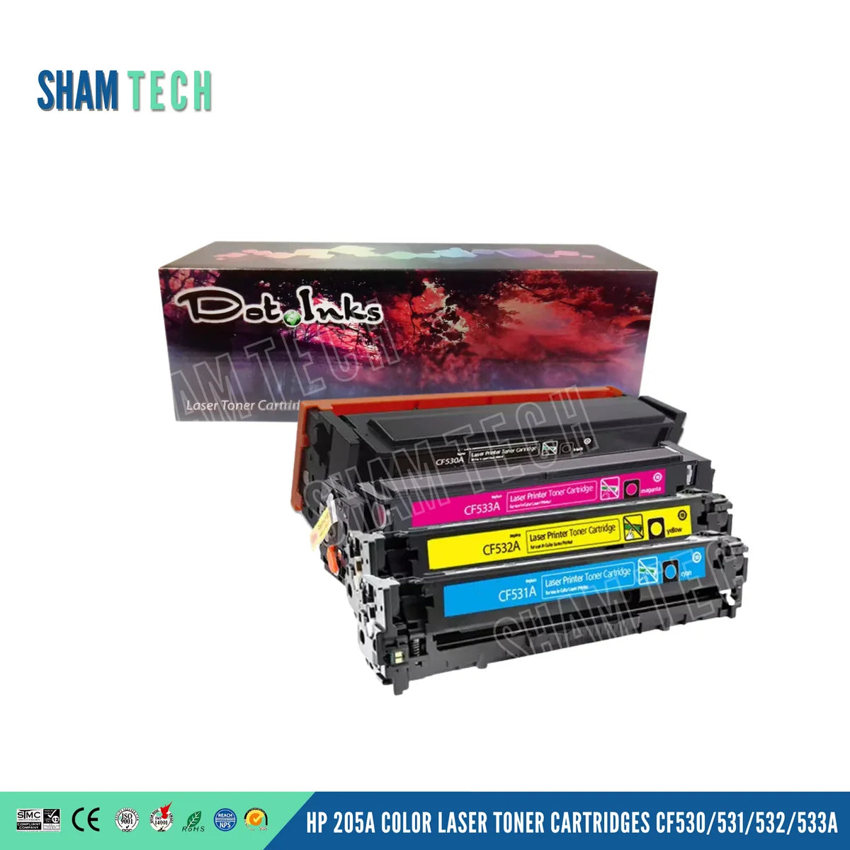 HP 205A Color Toner Set (CF530A / CF531A / CF532A / CF533A). In the foreground, four stacked/staggered black laser toner units featuring structural plastic housing, side gear/spring assemblies, protective top covers/shields, and distinct color-coded center labels for black (CF530A), magenta (CF533A), yellow (CF532A), and cyan (CF531A) rest before a "Dot Inks" branded retail packaging box on a white background. Bottom banner displays "HP 205A COLOR LASER TONER CARTRIDGES CF530/531/532/533A".