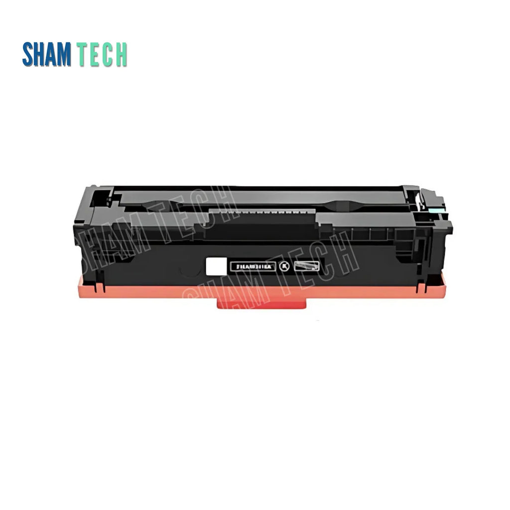 A standalone black HP 216A toner cartridge with an orange protective bottom cover without its box is displayed horizontally against a white background. The unit features a structured black plastic housing with a center label badge and gear/contact mechanisms. The "SHAM TECH" logo appears in the top-left corner, and a large translucent "SHAM TECH" watermark is overlaid diagonally across the image.