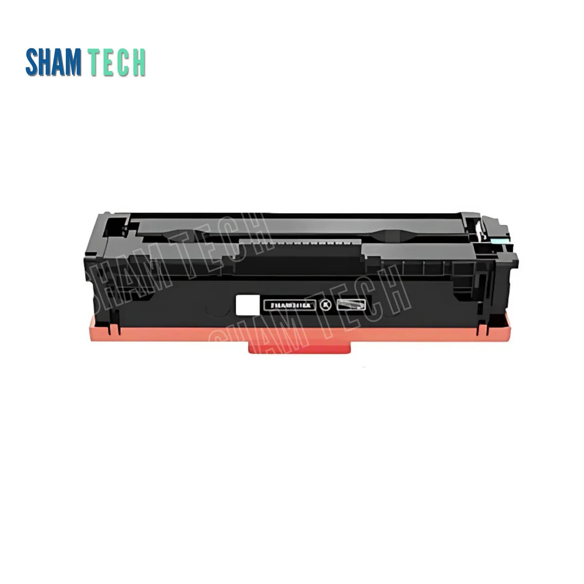 A standalone black HP 216A toner cartridge with an orange protective bottom cover without its box is displayed horizontally against a white background. The unit features a structured black plastic housing with a center label badge and gear/contact mechanisms. The "SHAM TECH" logo appears in the top-left corner, and a large translucent "SHAM TECH" watermark is overlaid diagonally across the image.