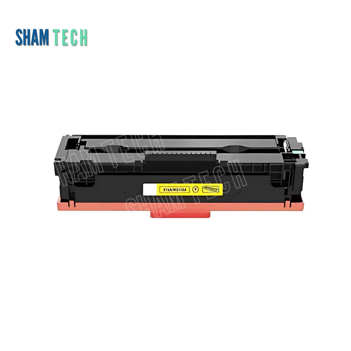 A standalone black HP 216A color toner cartridge with an orange protective bottom cover and a yellow label accent without its box is displayed horizontally against a white background. The unit features a structured black plastic housing with gear/contact mechanisms. The "SHAM TECH" logo appears in the top-left corner, and a large translucent "SHAM TECH" watermark is overlaid diagonally across the image.