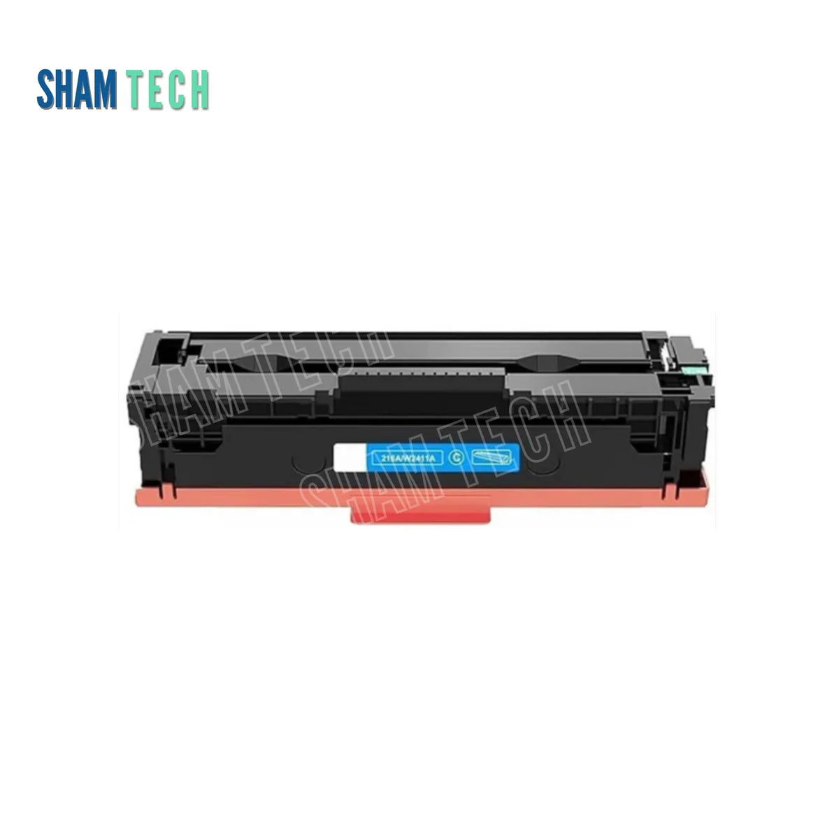 A standalone black HP 216A color toner cartridge with an orange protective bottom cover and a cyan label accent wihtout its box is displayed horizontally against a white background. The unit features a structured black plastic housing with gear/contact mechanisms. The "SHAM TECH" logo appears in the top-left corner, and a large translucent "SHAM TECH" watermark is overlaid diagonally across the image.