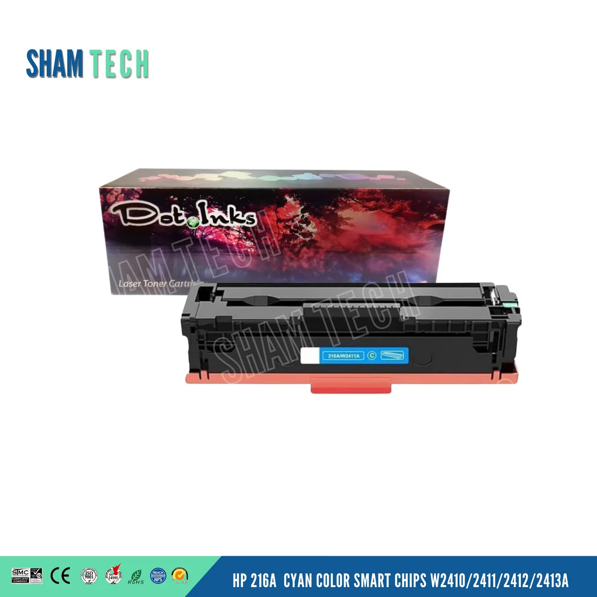 HP 216A CYAN COLOR SMART CHIPS W2410/2411/2412/2413A" features a black toner cartridge with an orange protective bottom cover and a cyan label accent, positioned horizontally in front of a "Dot Inks" retail box against a white background. The unit features a structured black plastic housing with gear/contact mechanisms, a large translucent "SHAM TECH" watermark is overlaid diagonally across the image, and a bottom banner displays compliance and certification logos alongside the product name.