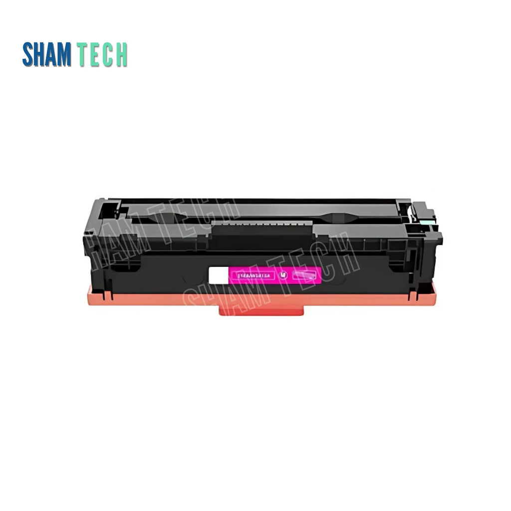 A standalone black HP 216A color toner cartridge with an orange protective bottom cover and a magenta label accent without its box is displayed horizontally against a white background. The unit features a structured black plastic housing with gear/contact mechanisms. The "SHAM TECH" logo appears in the top-left corner, and a large translucent "SHAM TECH" watermark is overlaid diagonally across the image.