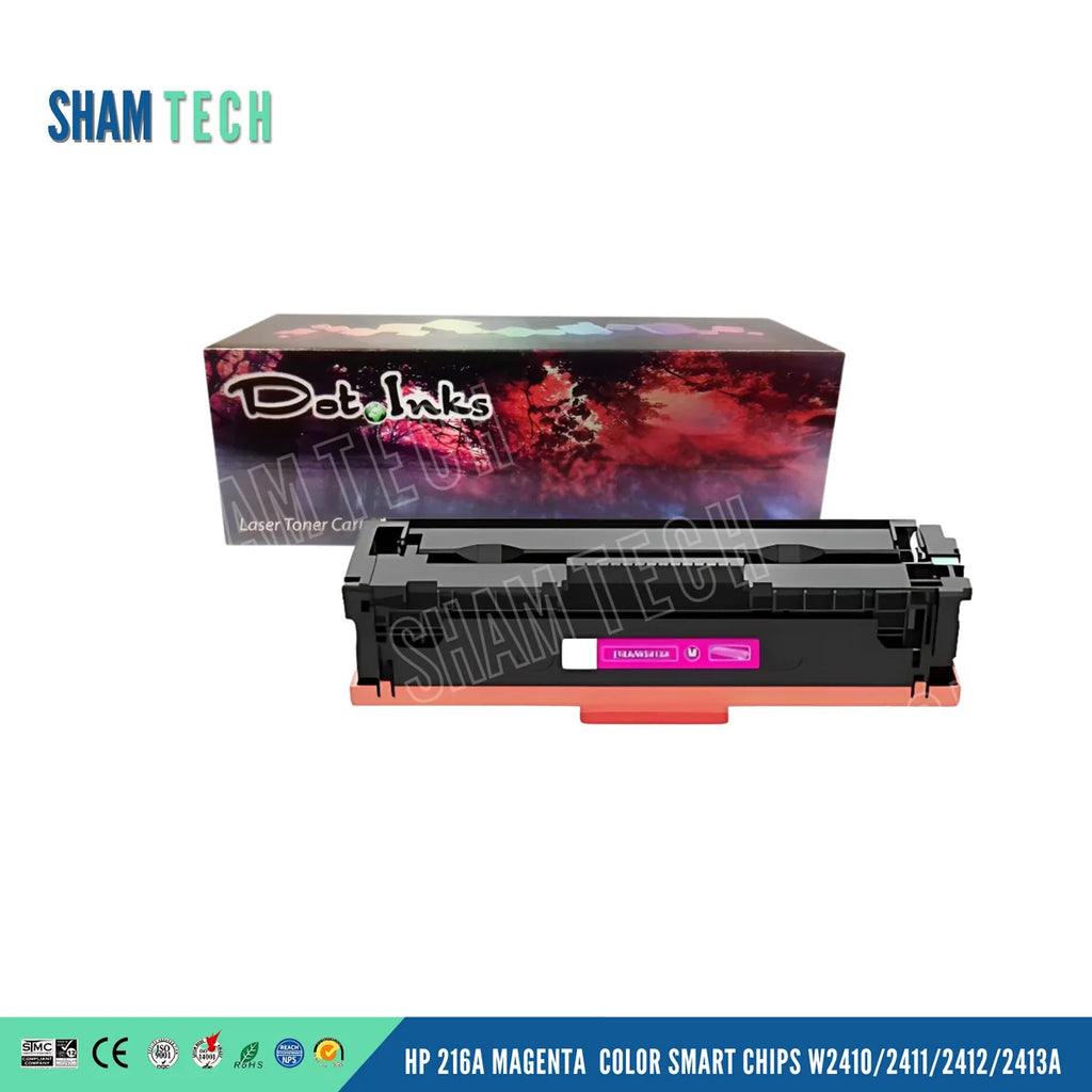 HP 216A MAGENTA COLOR SMART CHIPS W2410/2411/2412/2413A" features a black toner cartridge with an orange protective bottom cover and a magenta label accent, positioned horizontally in front of a "Dot Inks" retail box against a white background. The unit features a structured black plastic housing with gear/contact mechanisms, a large translucent "SHAM TECH" watermark is overlaid diagonally across the image, and a bottom banner displays compliance and certification logos alongside the product name.