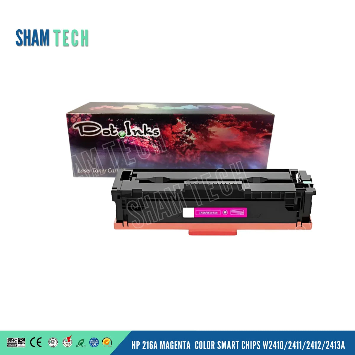 HP 216A MAGENTA COLOR SMART CHIPS W2410/2411/2412/2413A" features a black toner cartridge with an orange protective bottom cover and a magenta label accent, positioned horizontally in front of a "Dot Inks" retail box against a white background. The unit features a structured black plastic housing with gear/contact mechanisms, a large translucent "SHAM TECH" watermark is overlaid diagonally across the image, and a bottom banner displays compliance and certification logos alongside the product name.